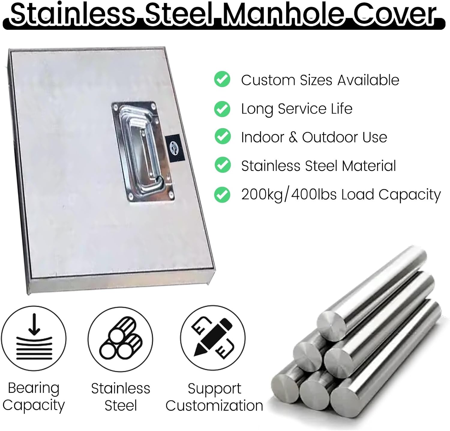 Customizable Stainless Steel Recessed Outdoor Basement Door Cover with Lock & Handle, Pressure Resistant C Access Well Cover (21in x 44in) for Enhanced Yard Security