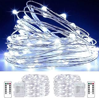 LED Fairy String Lights Battery Operated ,2 Pack 33ft 100 LED Waterproof Cool White Twinkle Firefly String Lights with Rem...