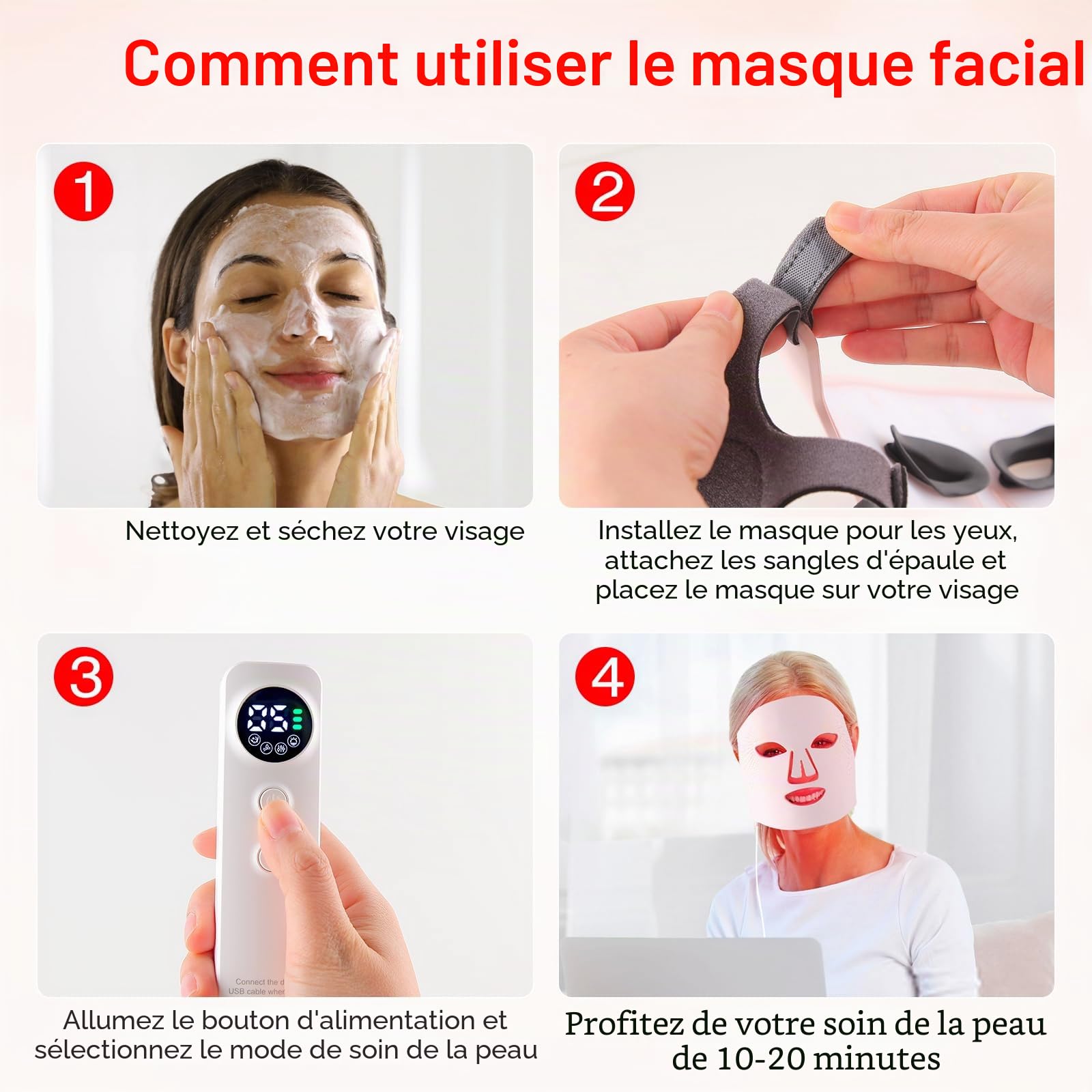 Masque Led Visage Luminothérapie, 3 Couleurs Masque Led Masque Visage, Masque Facial LED Convient à Tous Les Types De Peau Aux Soins Du Visage Rose