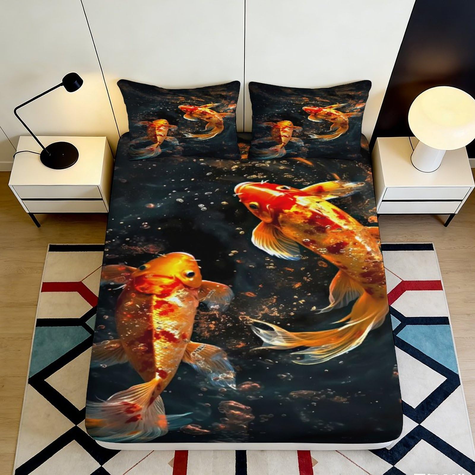 3D Printed Koi Fish Fitted Sheet Microfiber Soft Breathable Colorful Fish Mattress Cover for Bedroom Dormitory Guest Room Decorative Protection 200x200x25cm