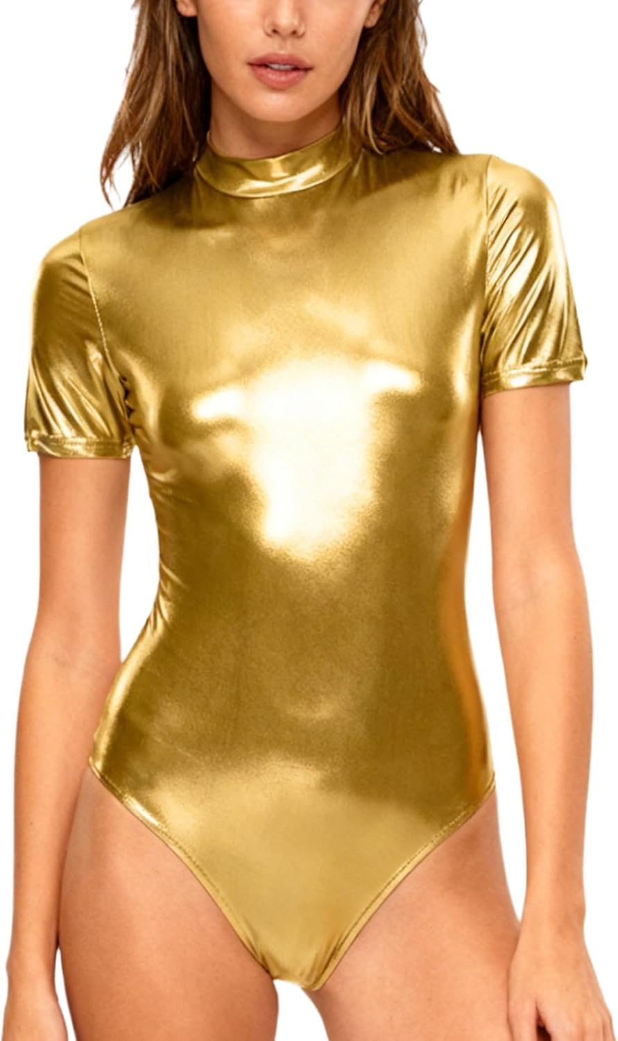 Women's Metallic Shiny Bodysuit Back Hidden Zipper Short Sleeve Mock Neck Bodycon Leotard