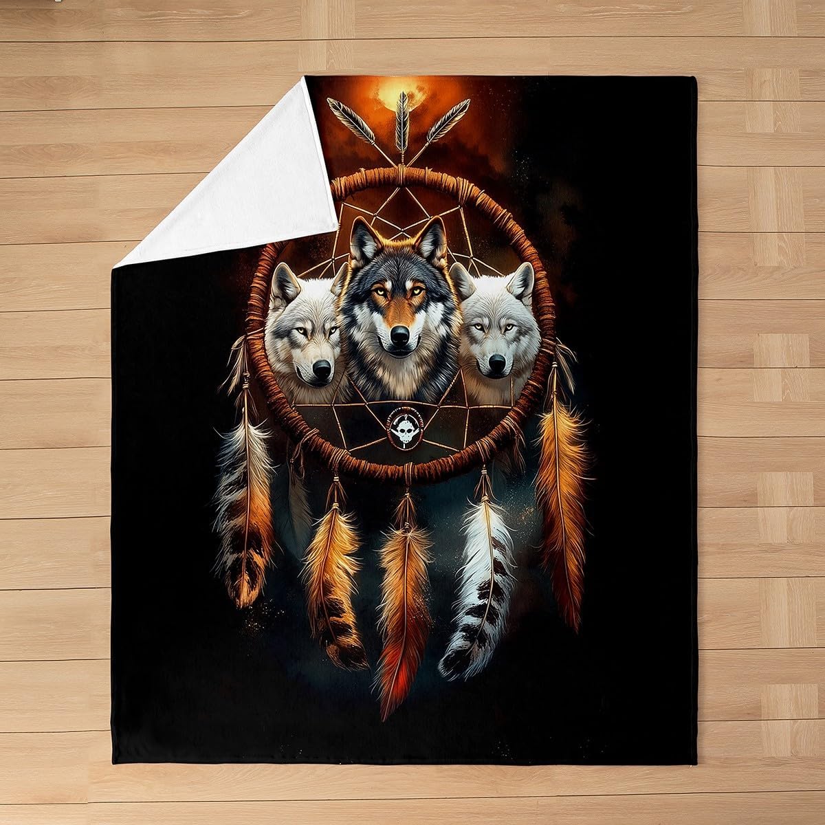 Feelyou Wolf Plush Throw Blanket Queen 90"x90" Dreamcatcher Flannel Fleece Blanket Black Brown All Season Bed Blanket Boho Dream Catcher Decor Blanket Room Decor Indian Hippie Feather Print