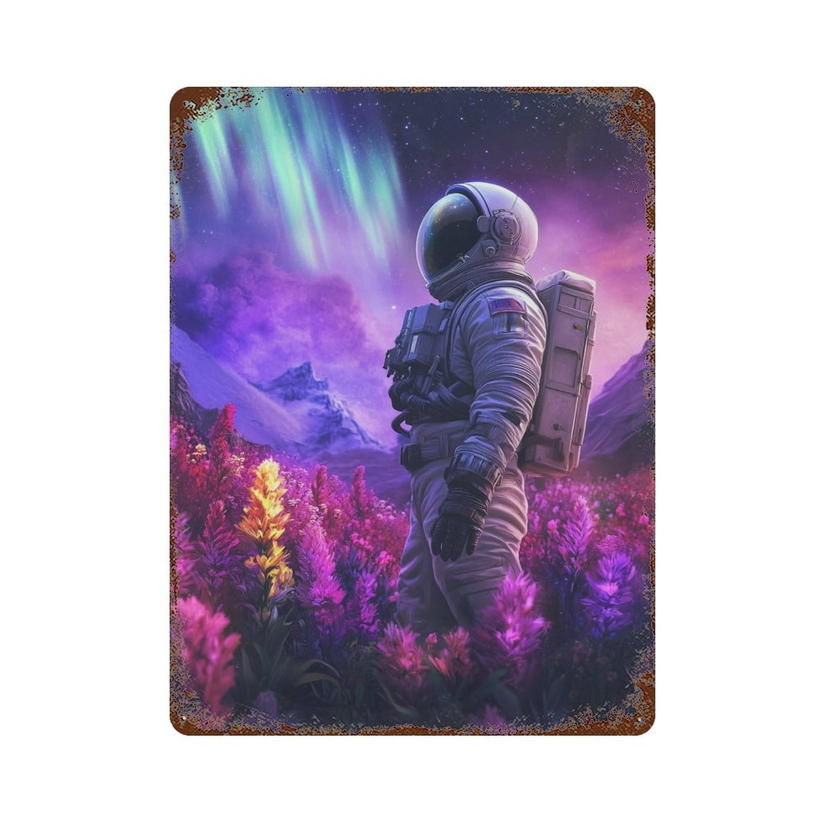 Astronaut in Colorful Field Aged Metal Wall Plaque 15.7"x11.8", Rustic Home Decor for Garage, Pub Or Kitchen