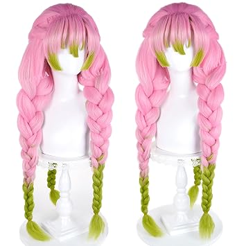 Long Pink & Green Ombre Cosplay Wig for Mitsuri Cute Anime Wigs for Women, Pink & Green Braided Synthetic Hair for COS Halloween Party &Theme Comic