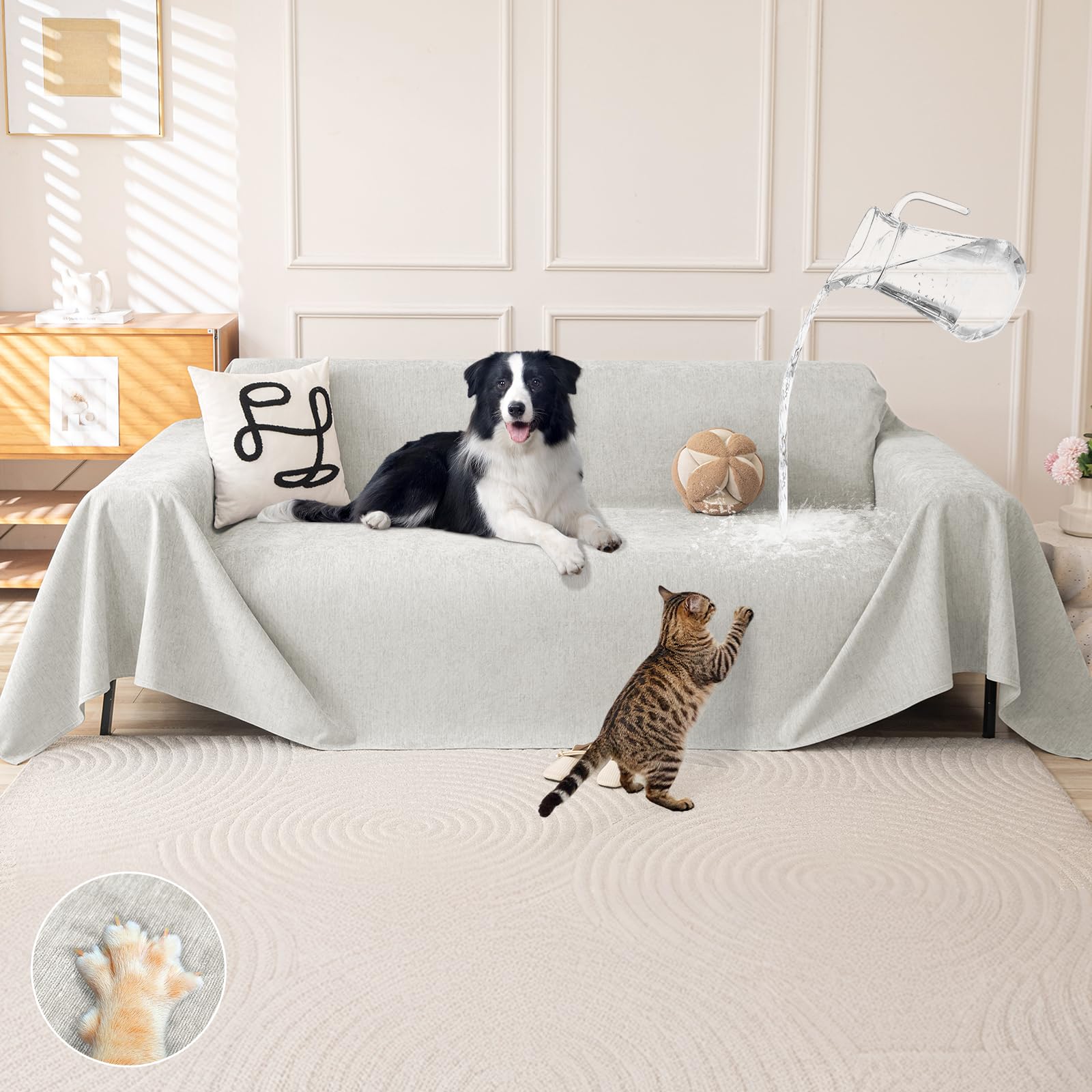 Royhom Funda Sofa 4 Plazas Impermeable, Protector Sofa Gatos Arañazo, Universal Fundas Sofá Antimanchas, Manta Impermeable, Suave y Cómoda, Gris Claro, 380x180 cm