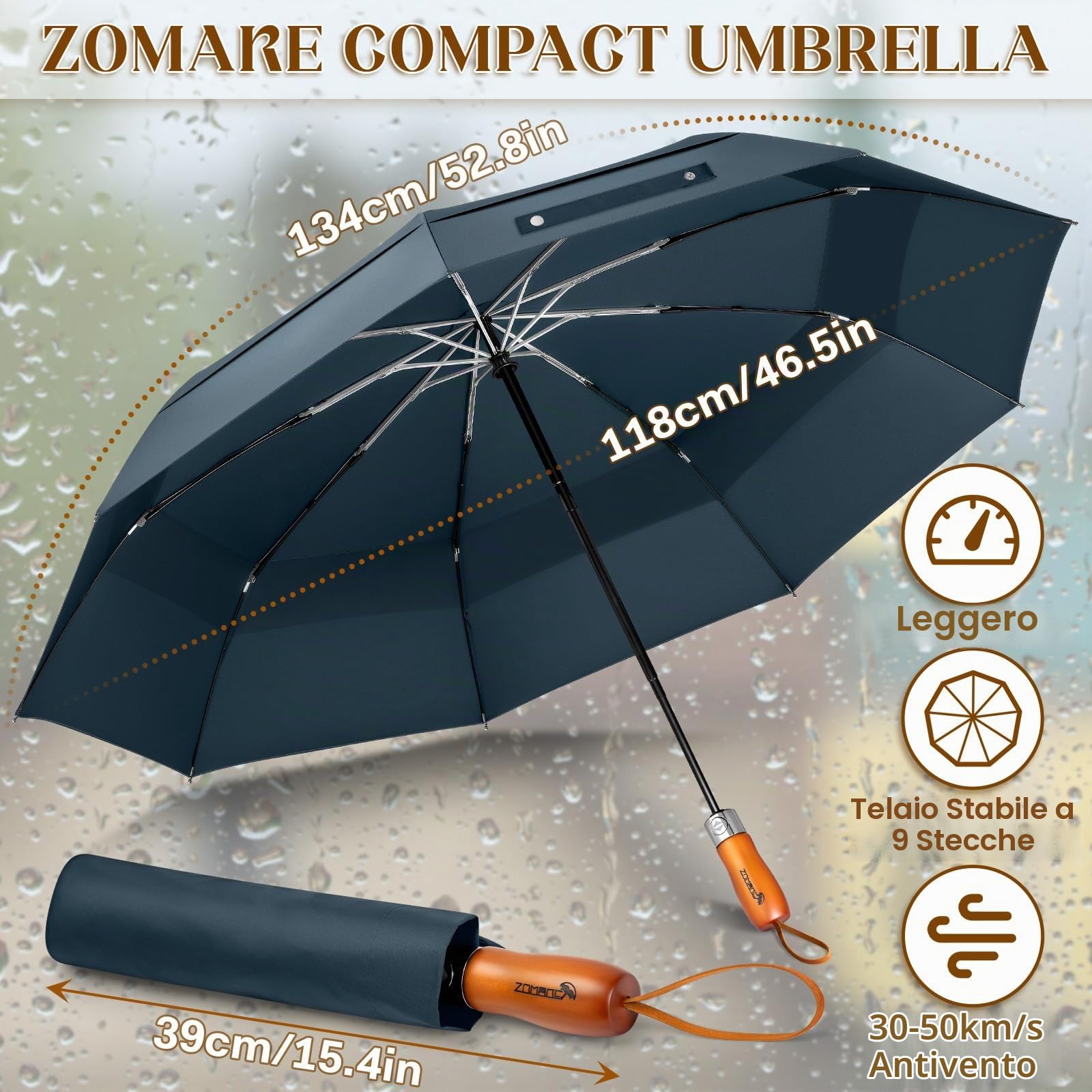 ZOMAKE Ombrello Pieghevole 54 Inch,Ombrello Pioggia Antivento Robusto 134cm con Doppia Tettoia,Ombrelli Pioggia da viaggio Resistenti Da Viaggio Con Manico in Legno per Uomo Donna