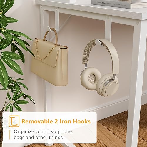 Miniatura 8 de Escritorio blanco para computadora con estante superior y cajones - Escritorio de oficina con 3 cajones de almacenamiento y tomas de corriente,