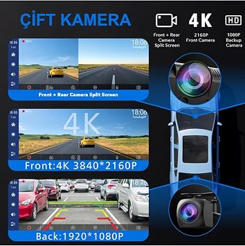 10.26'' Kablosuz Araç Multimedya Ekranı | 4K Dashcam + Geri Görüş Kameralı Carplay Android Auto