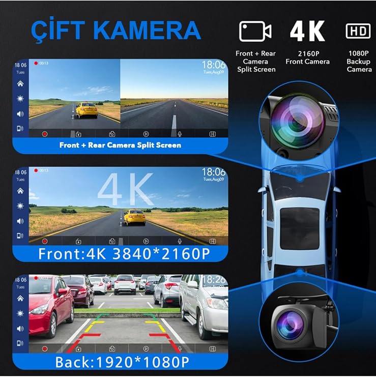 10.26'' Kablosuz Araç Multimedya Ekranı | 4K Dashcam + Geri Görüş Kameralı Carplay Android Auto