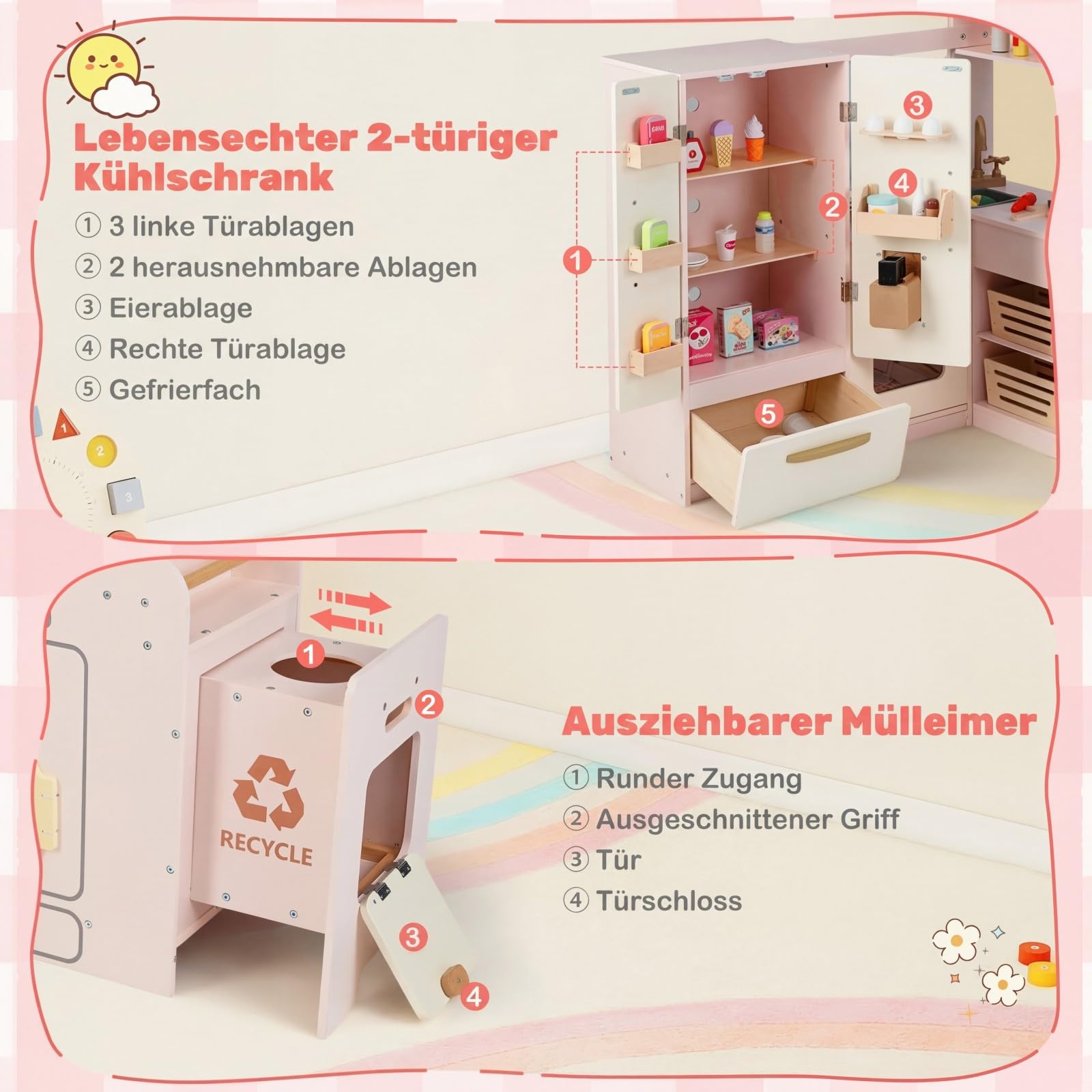 COSTWAY Kinderküche mit Licht und Sound, Eck-Spielküche Holz mit Mülleimer, Doppeltür-Kühlschrank, Spüle, Waschmaschine, Mikrowelle & 22 Zubehörteilen, Holzküche für Kinder ab 3 Jahren (Rosa)