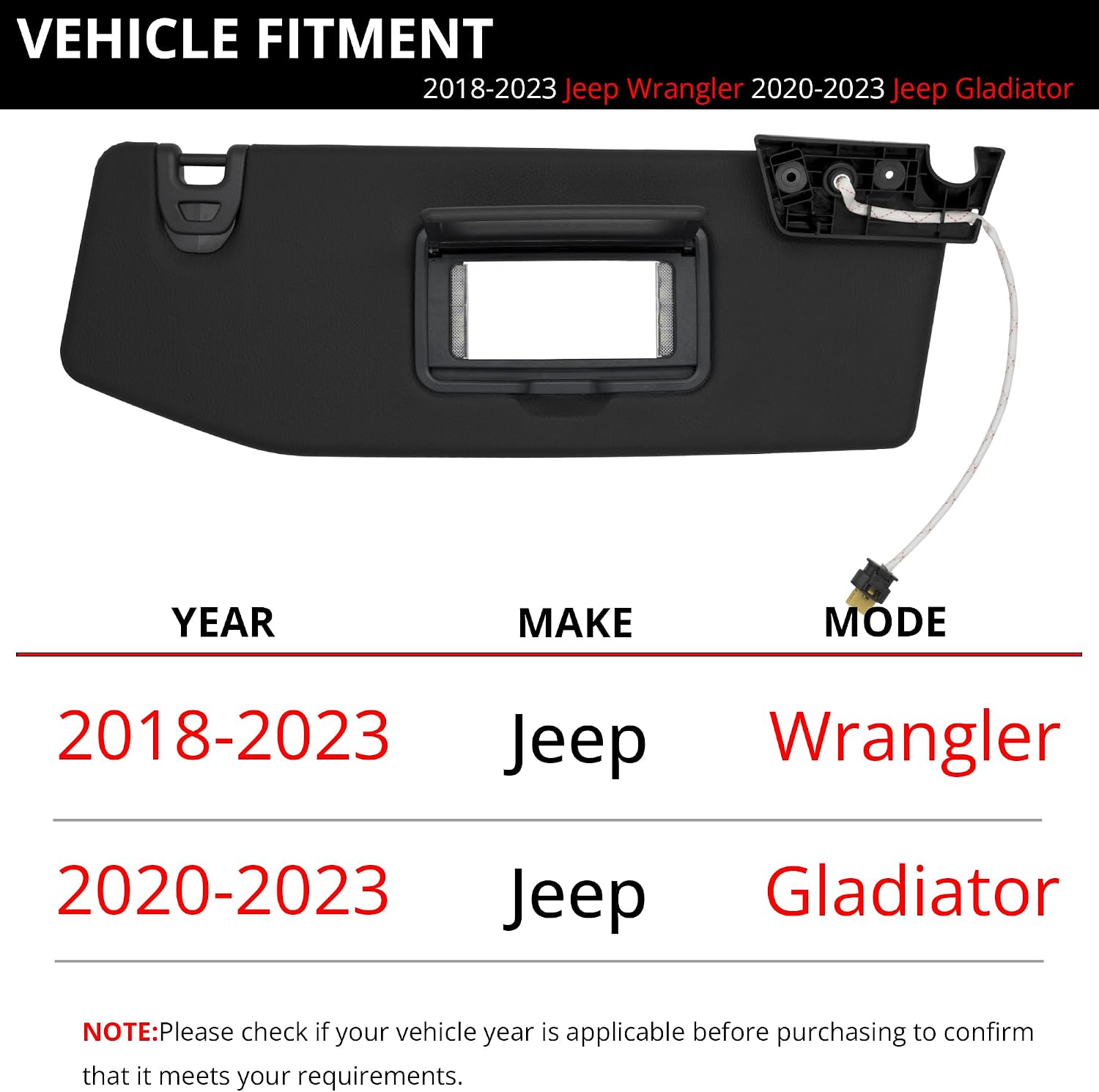 Sun Visor Fits for 2018-2023 Jeep Wrangler 2020-2023 Jeep Gladiator Passenger Right Side with Light Replace# 6CD23TX7AN