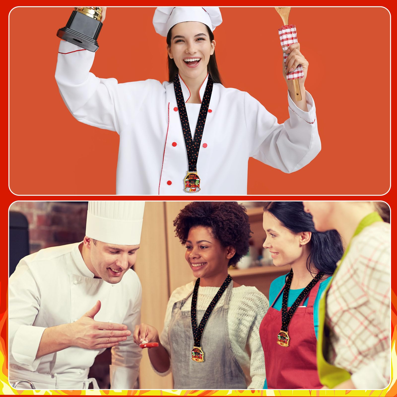 Quelay 9-teiliges Chili-Kochtrophäen-Set, Metallmedaillen, Holzlöffel zum Kochen, Baumwolltücher, Chili-Kochen, Dekorationen, Kochen, Geschenke für Männer, Frauen, Festivalbedarf