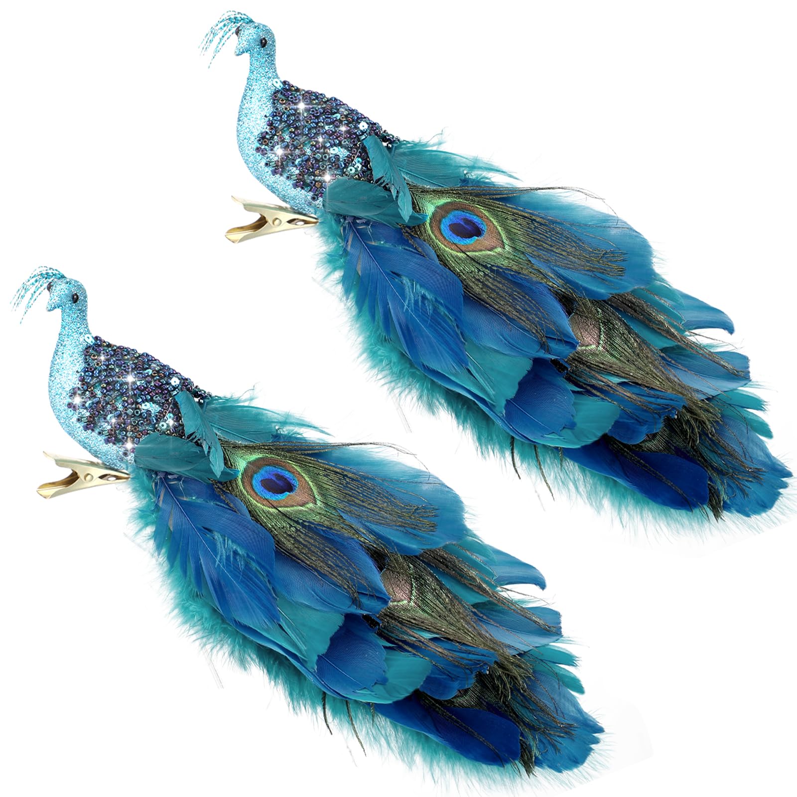 Giegxin 2 Pcs Peacock Christmas Tree Ornaments Long Tail Feather Peacock Christmas Decorations Glitter Bird Clip on Ornament for Xmas Tree Decor (Classic Style)