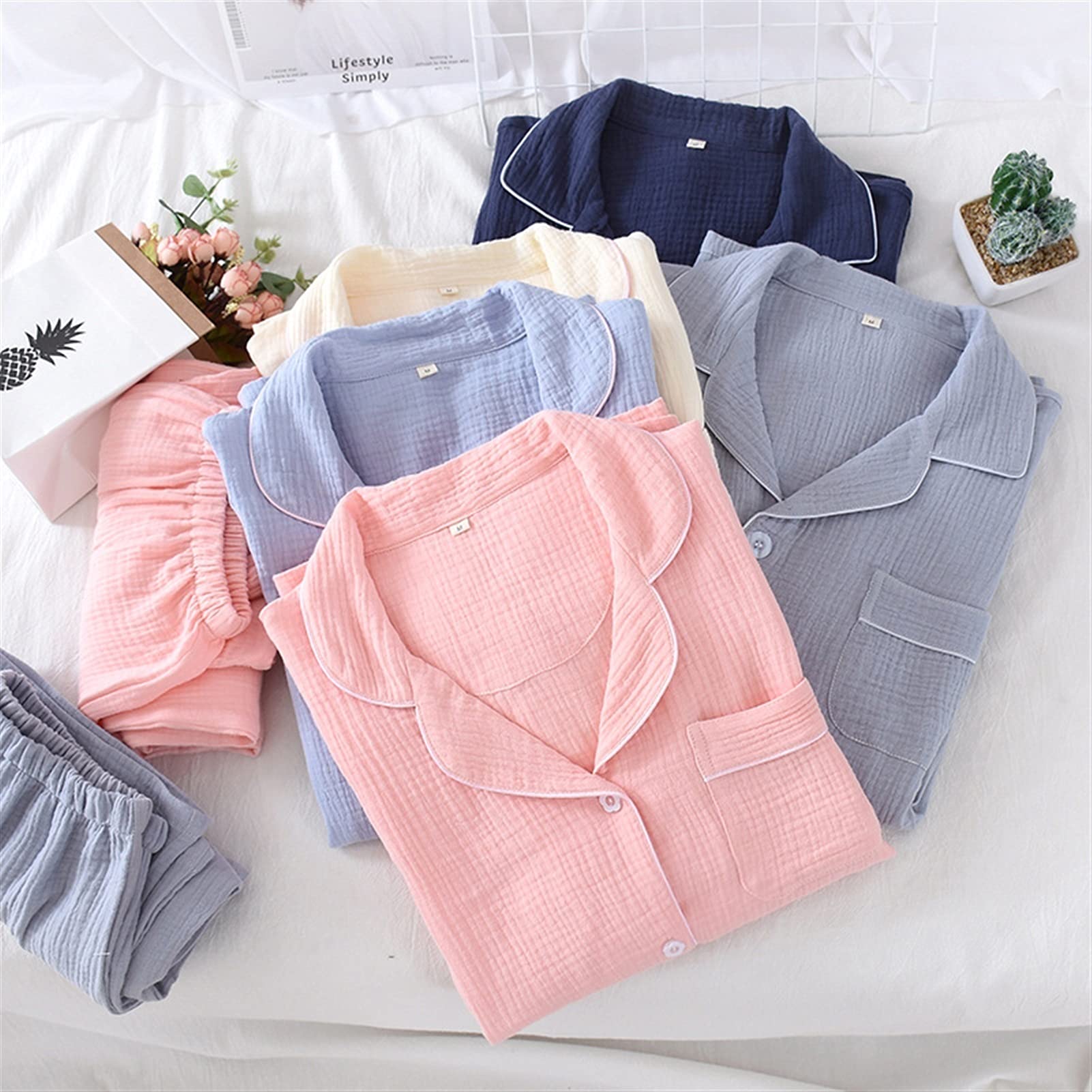 Pijama Algodón Pareja Homewear Mujeres Hombres Pijamas Conjunto Collar de Laple Botón de Manga Larga 2 Pieza Sólido Cómoda Ropa de Dormir camisón(B,L Size)