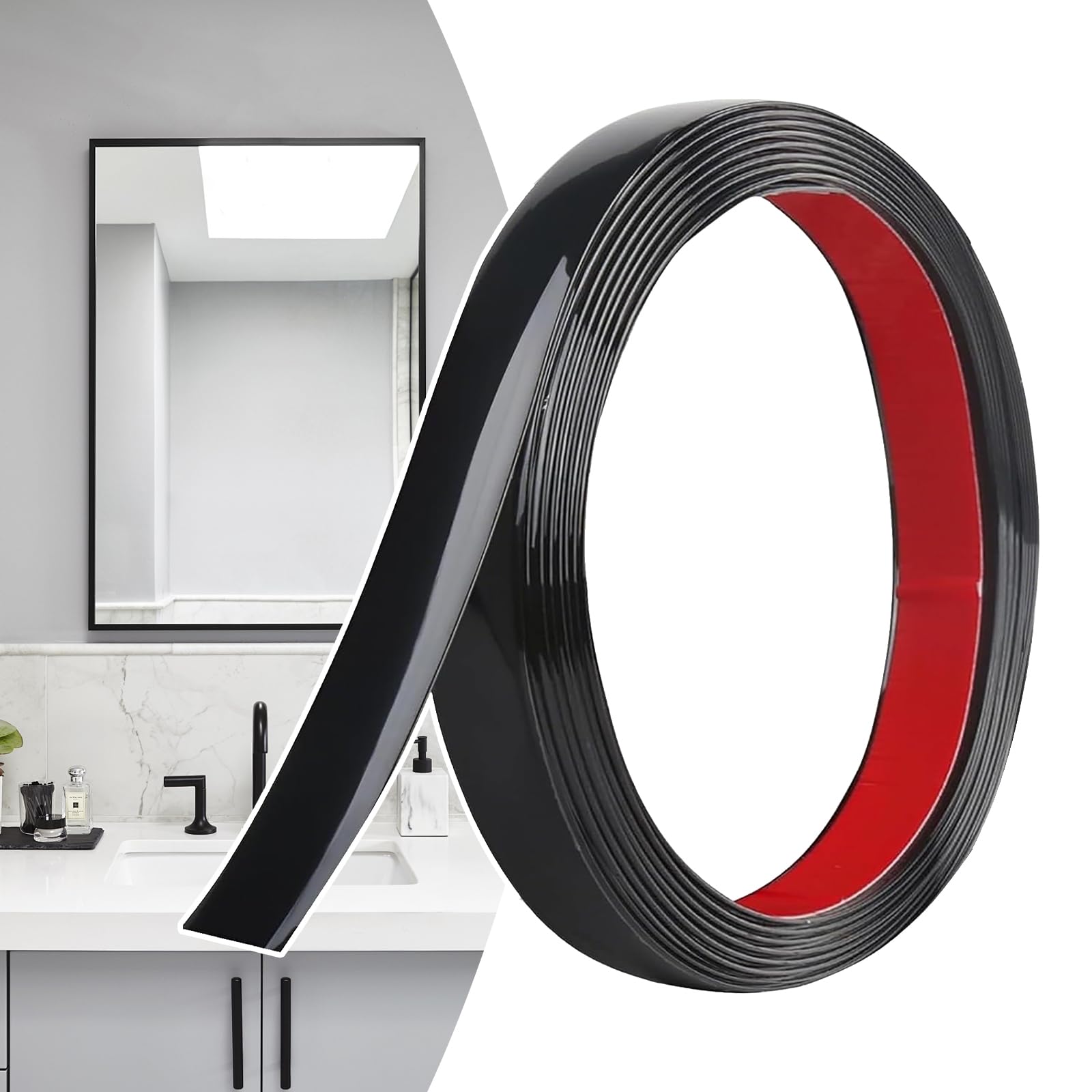 YushengTai Matte Black Self‑Adhesive Moulding Trim 6M x 2cm, Flexible PVC Peel and Stick Wall Trim Decorative Edge Strip for Wall, Tile, Mirror, Window, Cabinet, Bathroom, DIY