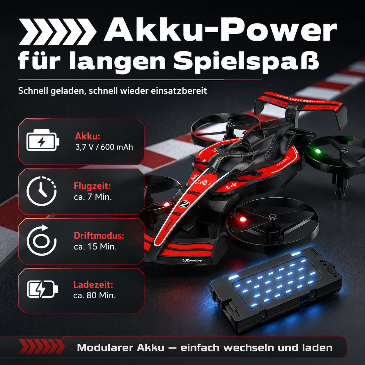 RC Flugauto 2 in 1, Fliegendes Auto mit Fernsteuerung, RC Drone Auto mit LED Beleuchtung, Drift Car & Quadrocopter, 2,4 GHz, Headless Mode, EIN-Tasten-Start, 2 Akkus, Kinder (Rot)