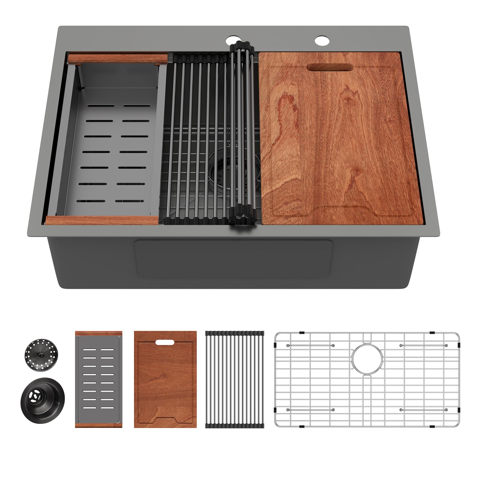 30 Inch Black Drop in Kitchen Sink Workstation Single Bowl Kitchen Sinks 16 Gauge Stainless Steel 30x22 Topmount Kitchen Sinks with Cutting Board & Strainer
