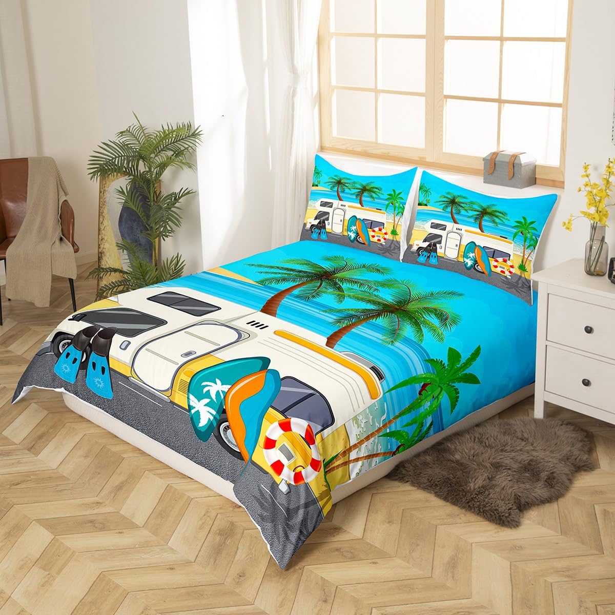 Loussiesd Ocean Comforter Cover Hawaiian Beach Tropical Leaves Bedding Set Camper Van Duvet Cover for Kids Boys Girls Microfiber Summer Holiday Vacation Bedspread Cover Super King - Image 3