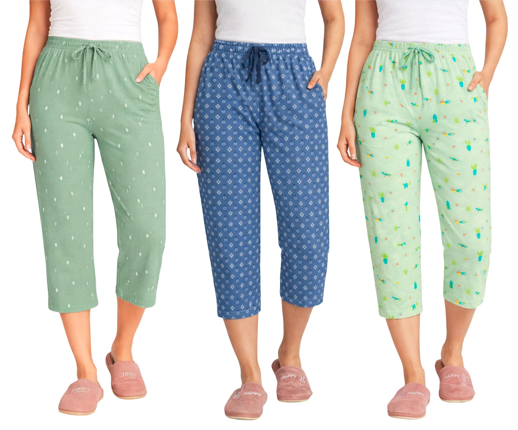 Women’s Printed Cotton Capri Pants for Women with Pocket | Soft Comfortable Stretchable Daily Wear Lounge Capri Bottomwear Pack of 3 (GrnLeaf-BluFlwr-LghtGrn, M)-image-14