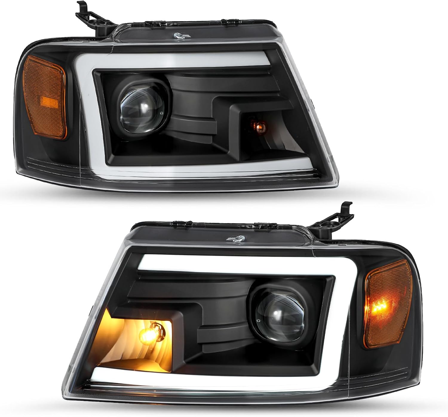JSBOYAT LED DRL Projector Headlight Assembly Replacement for 2004 to 2008 Ford F150 Lincoln Mark LT Headlamp (Black Housing Amber Reflector)