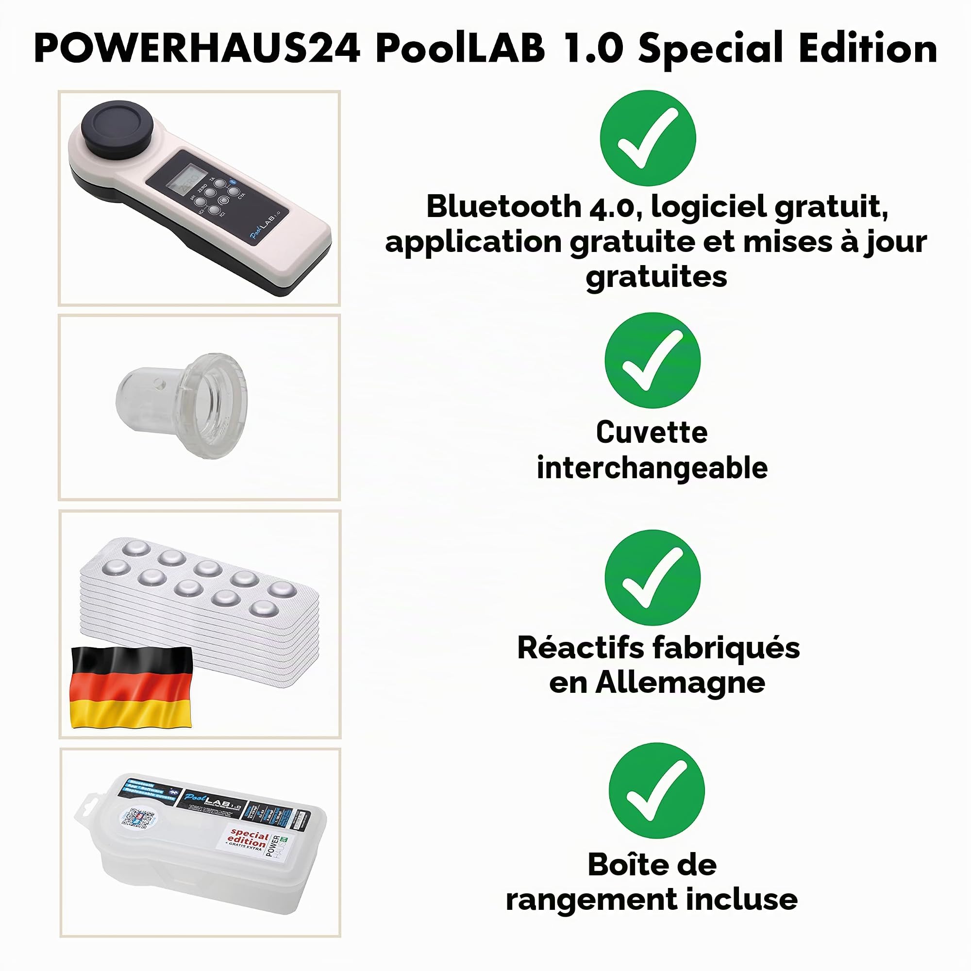 POWERHAUS24 PoolLAB® 1.0 Special Edition Testeur d'eau électronique, 13 en 1, avec 70 pastilles de test et une cuvette de rechange