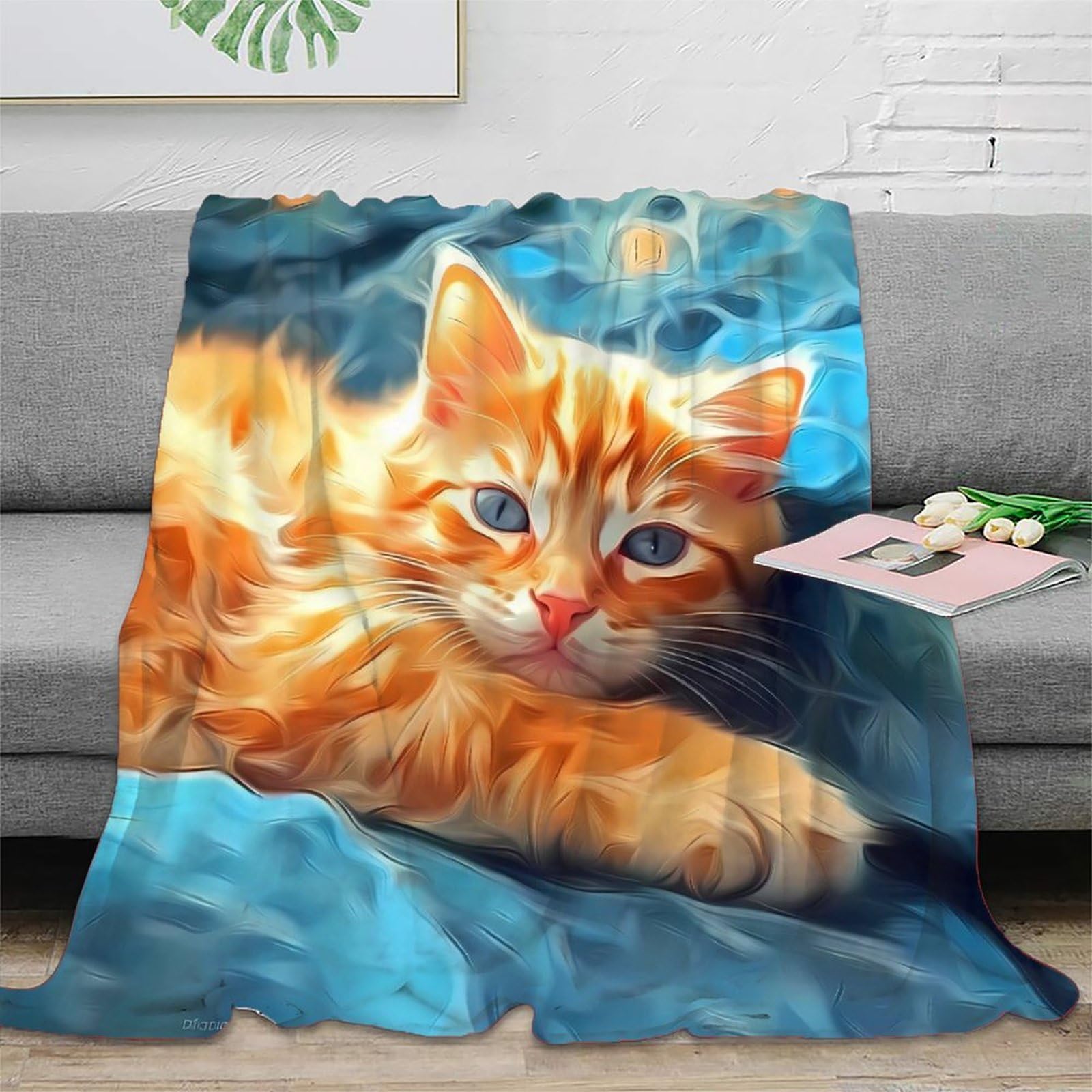 Plaid chaton orange 3D pour cocooning salon et lit toutes saisons
