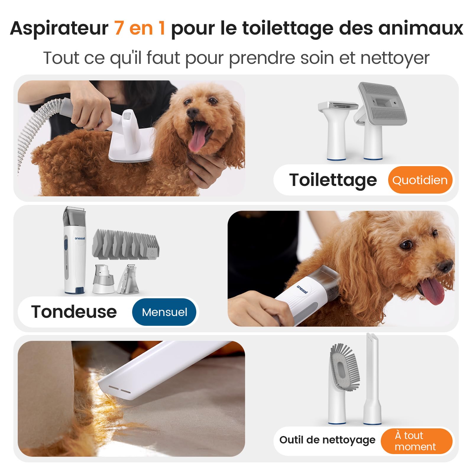 oneisall Tondeuse pour chien avec aspirateur, super puissance d'aspiration 12000 Pa aspire 99,99% de poils d'animaux