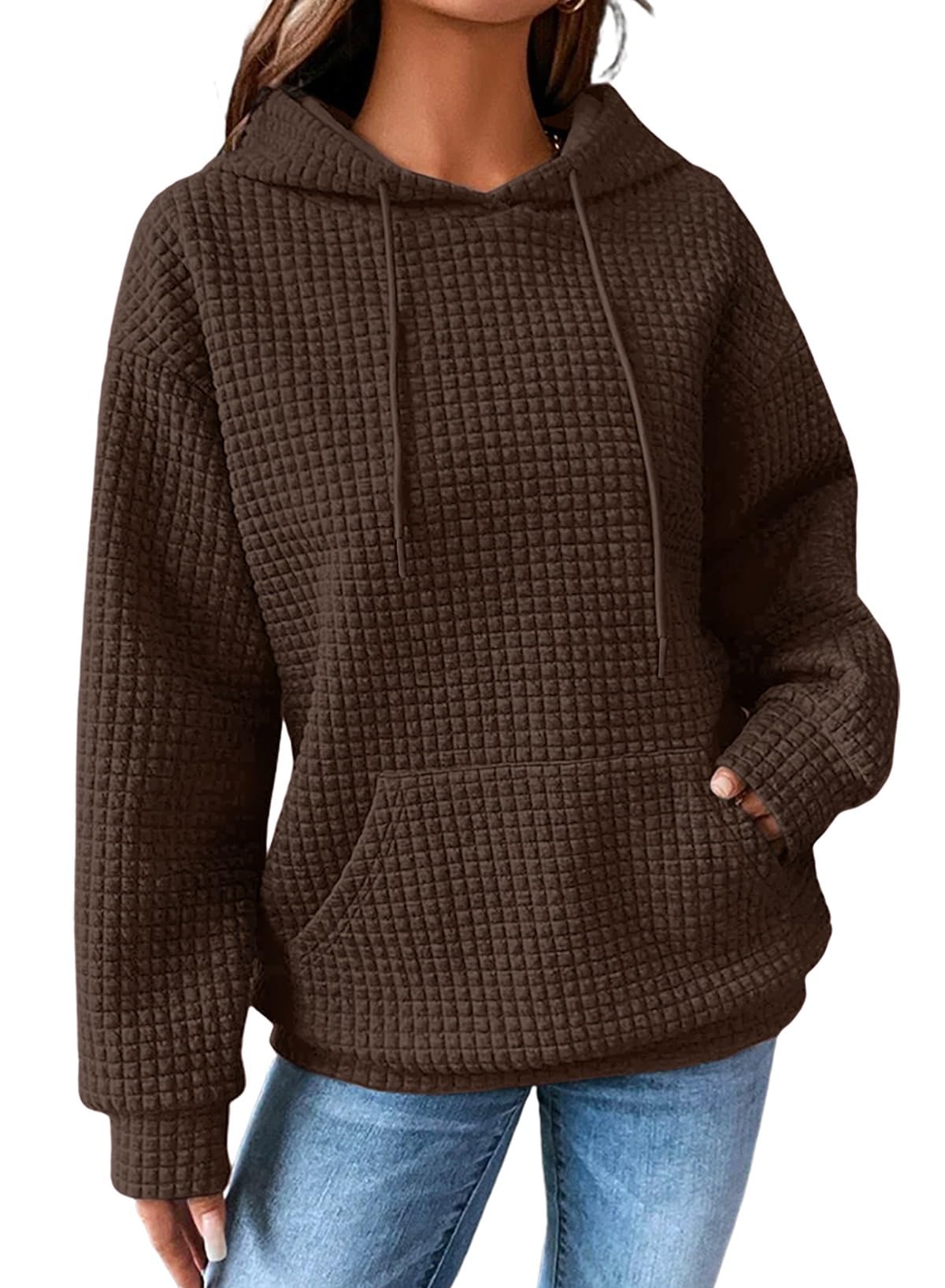 Dokotoo Kapuzenpullover Damen Hoodie Waffel Pullover mit Taschen Kordelzug Sweatshirt Einfarbig Langarmshirt Lässig Oberteile S-XXL