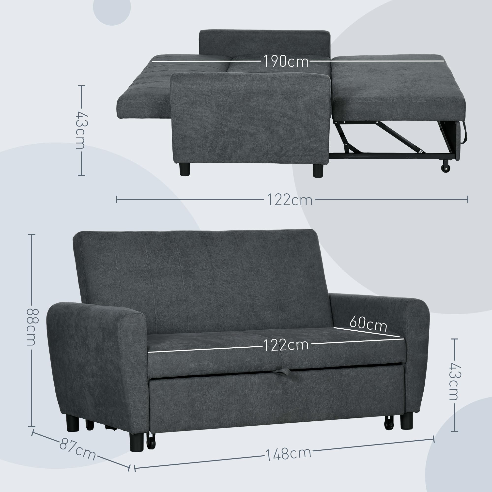 HOMCOM Divano Letto 2 Posti Clic Clac con 2 Cuscini 148x87x88 cm Grigio