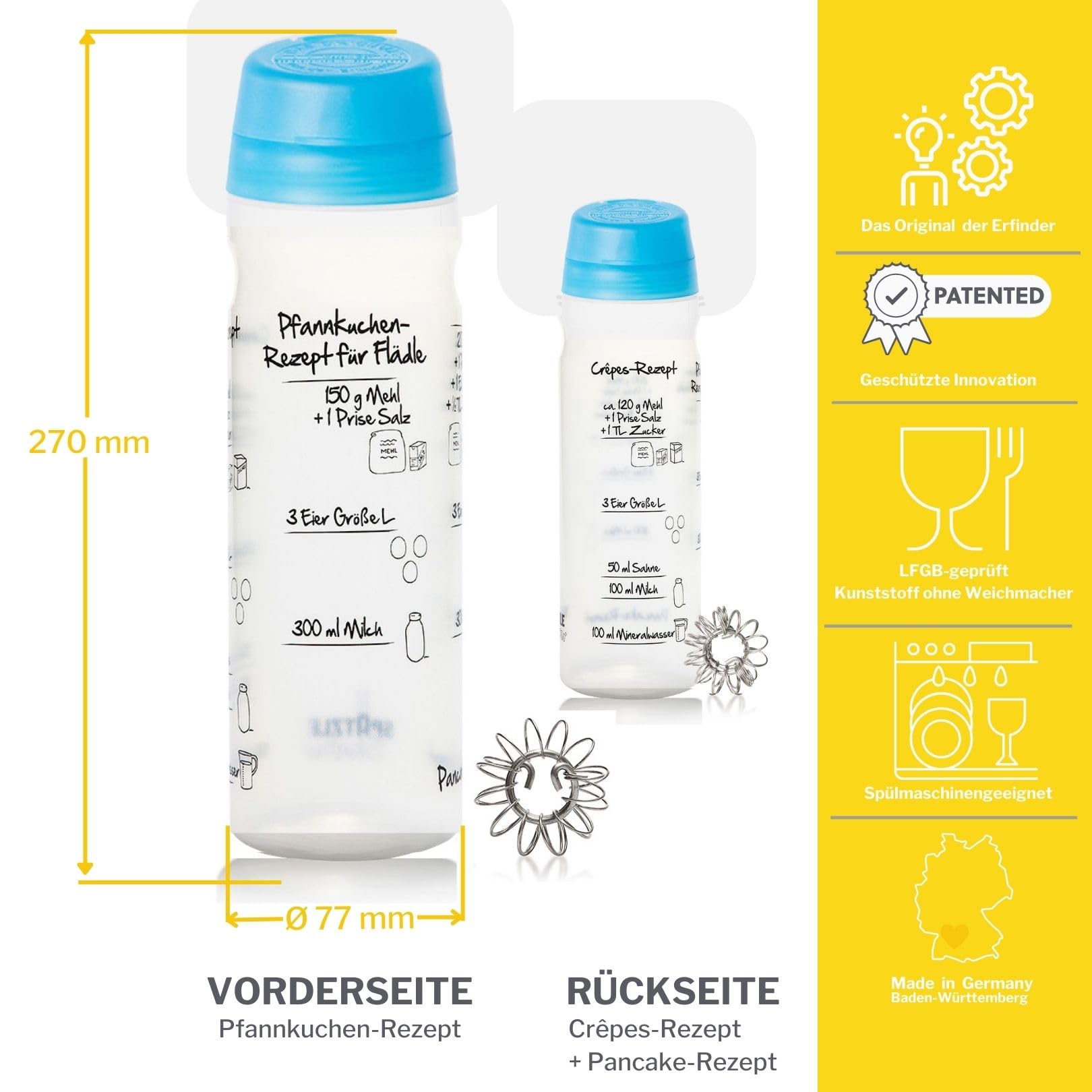 FOOD-SHAKER-SET mit 875ml-Pfannkuchen-Shaker + 4-Portionen-Spätzle-Shaker Teigmixer mit Spätzlepresse und Portionierer Patentiert Made in Germany in der Farbe BLAU