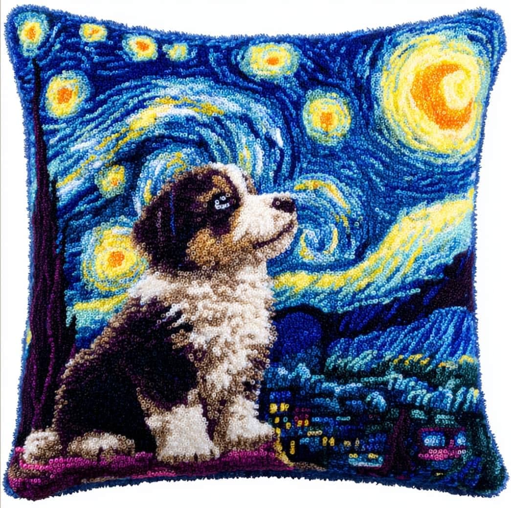 Taxpy DIY Latch Hook Pillow Kit Pre-Printed Hook and Latch Rug Kits Dogs 17X17 Inch.Cross-Stitch Embroidery Cushion Cover for Home Sofa Decoration