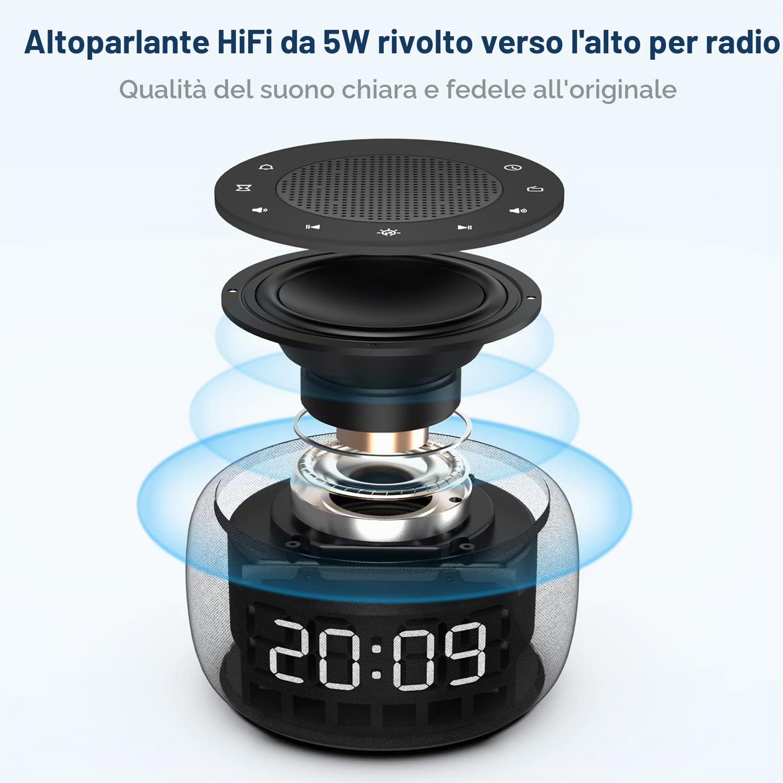 Buffbee Radiosveglia digitale per camera da letto – Luce notturna a 7 colori, qualità del suono ad alta fedeltà con altoparlante rivolto verso l'alto, 4 suoni, display Full Range Dimmer per comodino
