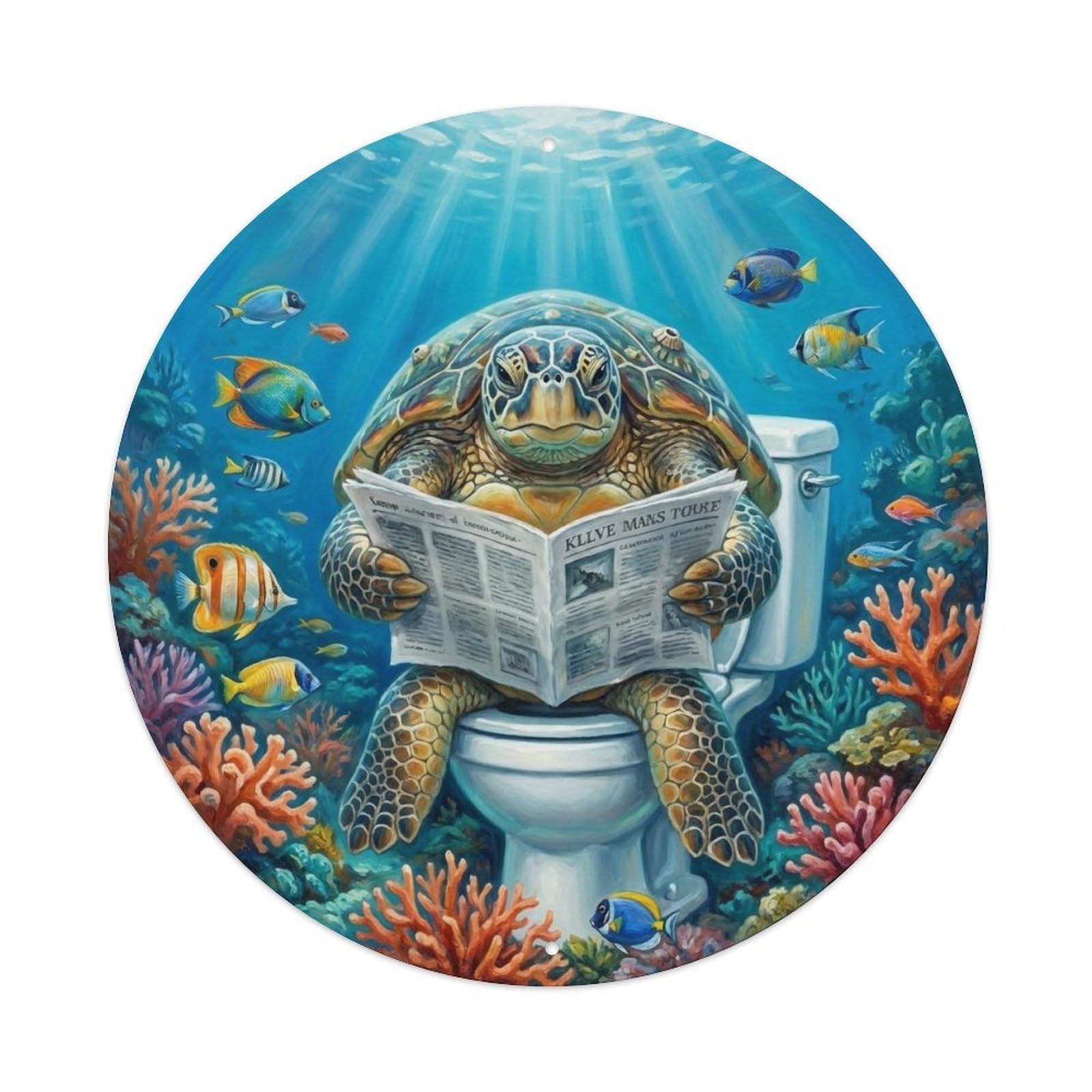 Turtle On Toilet Humorous Bathroom Coral Reef Glow Metal Tin Sign