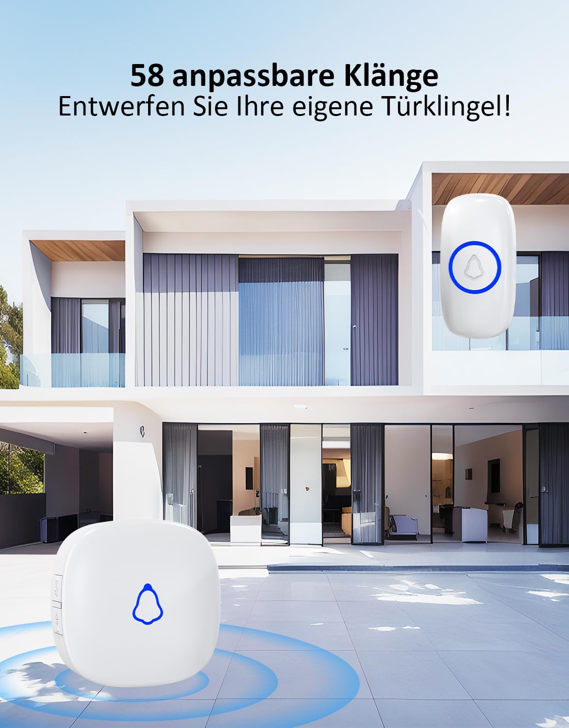 SECRUI Funkklingel Türklingel Set für Haustür, 3 Empfänger + 2 Sender, Funk Tür Klingel, Kabellos Doorbell mit 58 Melodien, 0-120dB 5 Lautstufen, LED-Licht, 300 m Reichweite, IP55 Wasserdicht, Weiß