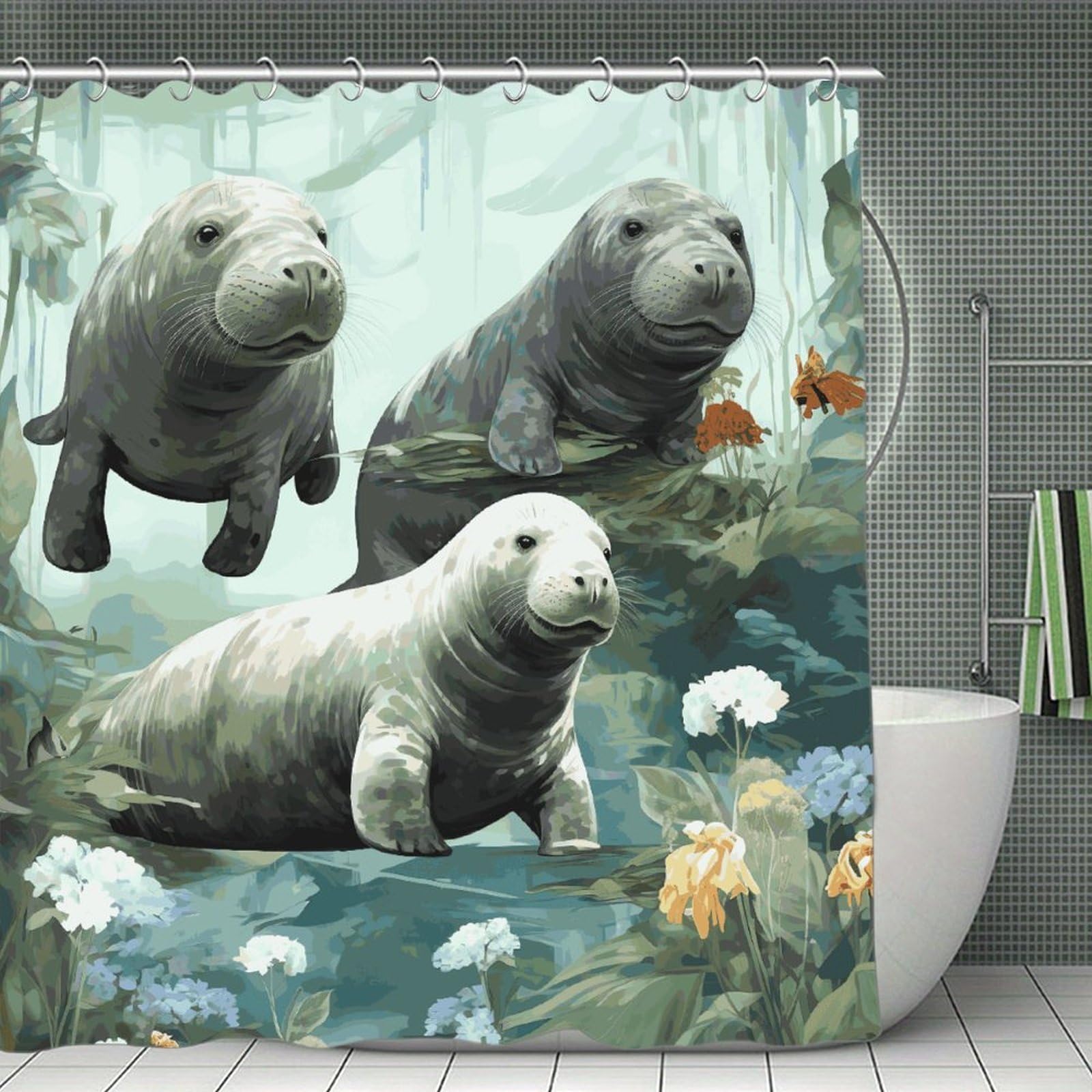 FekiLoot Rabbits Manatees Shower Curtain with Hooks Modern Farmhouse Bathroom Curtain Waterproof Cloth Bath Curtains Cute Washable Blackout Privacy Curtains for Bathroom Bathtub 70.8"x70.8"