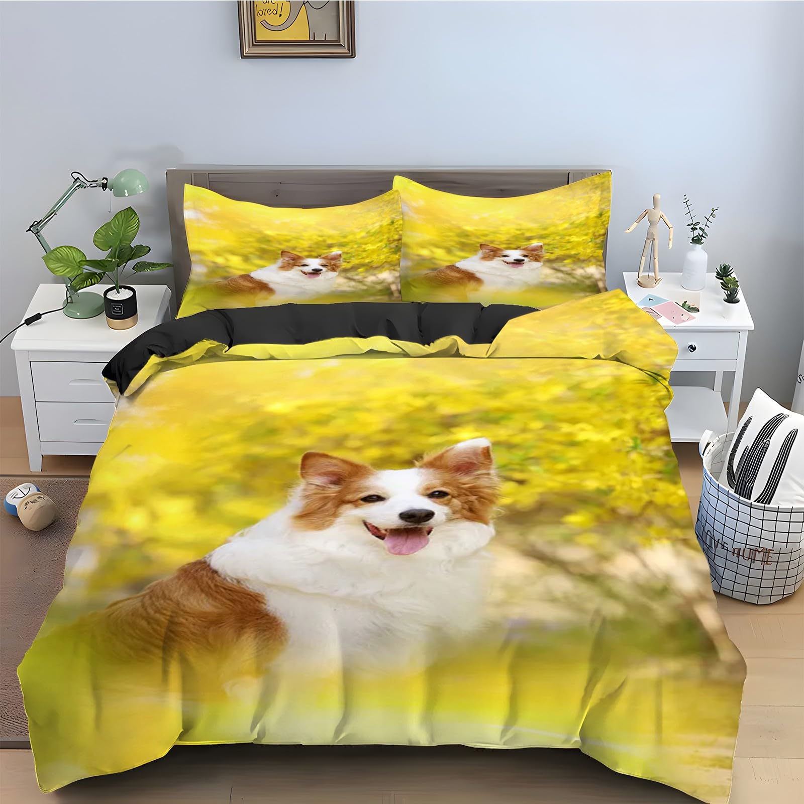 Housse de couette 240 x 260 Border Collie avec parure de lit 3 pièces en microfibre douce