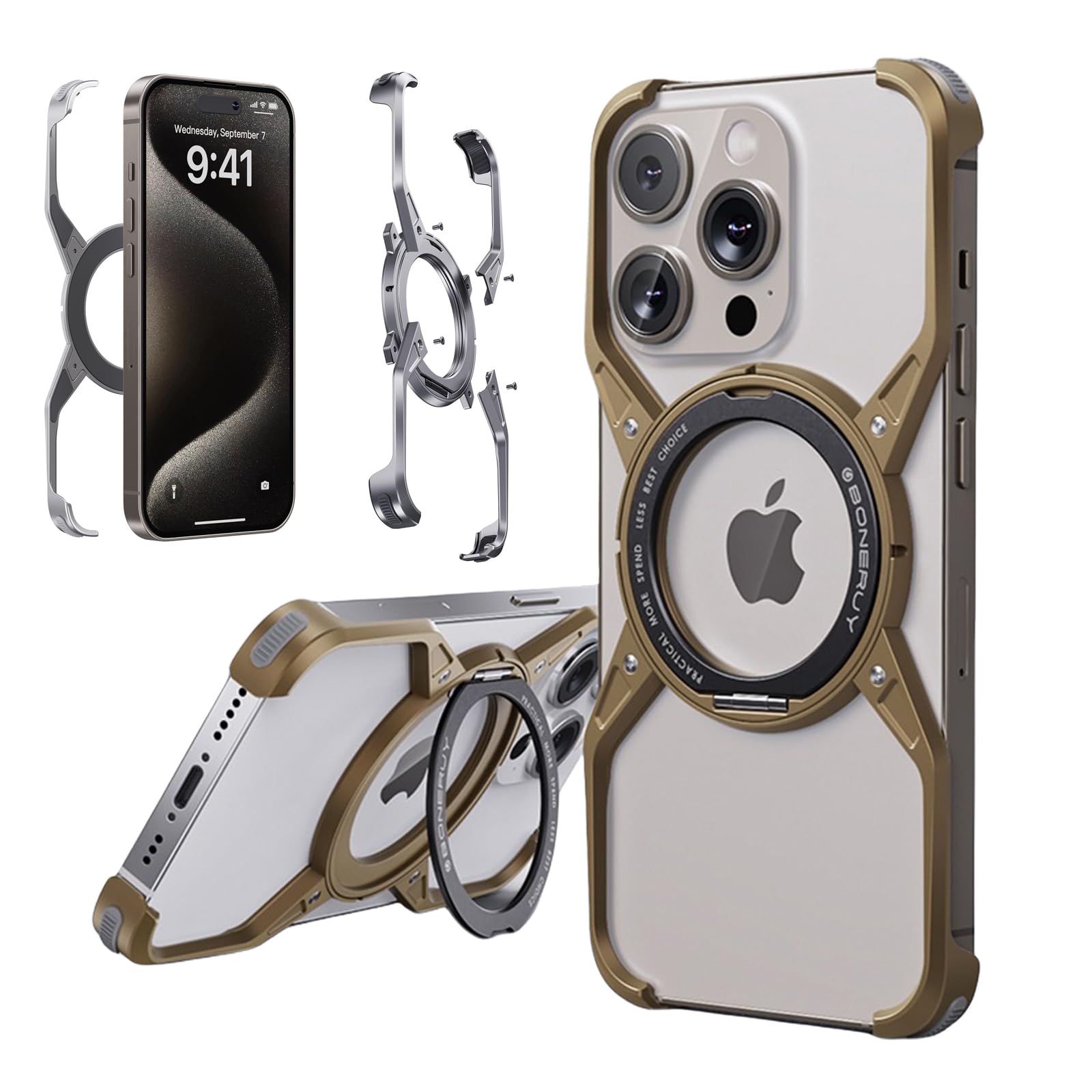 PANPHEN Custodia IPhone 16 Pro Max Metallica Con Supporto Magnetico 360°, Antiurto, Desert Titanium