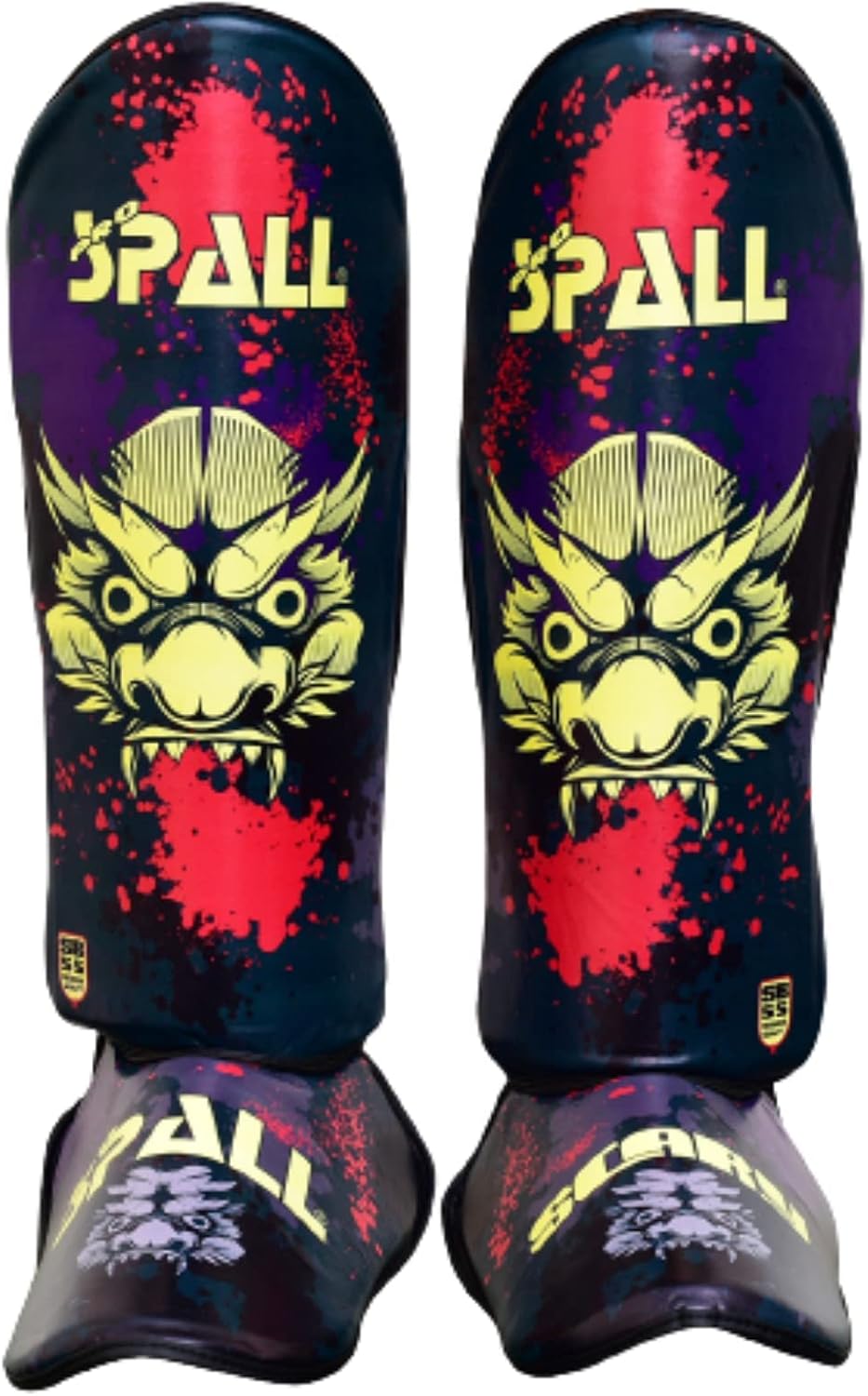 Spall Pro US Muay Thai Guards Shin Guards for Kickboxing Martial Arts BJJ Boxing Sparring with MMA Foot Protector (Large Scary, Green)