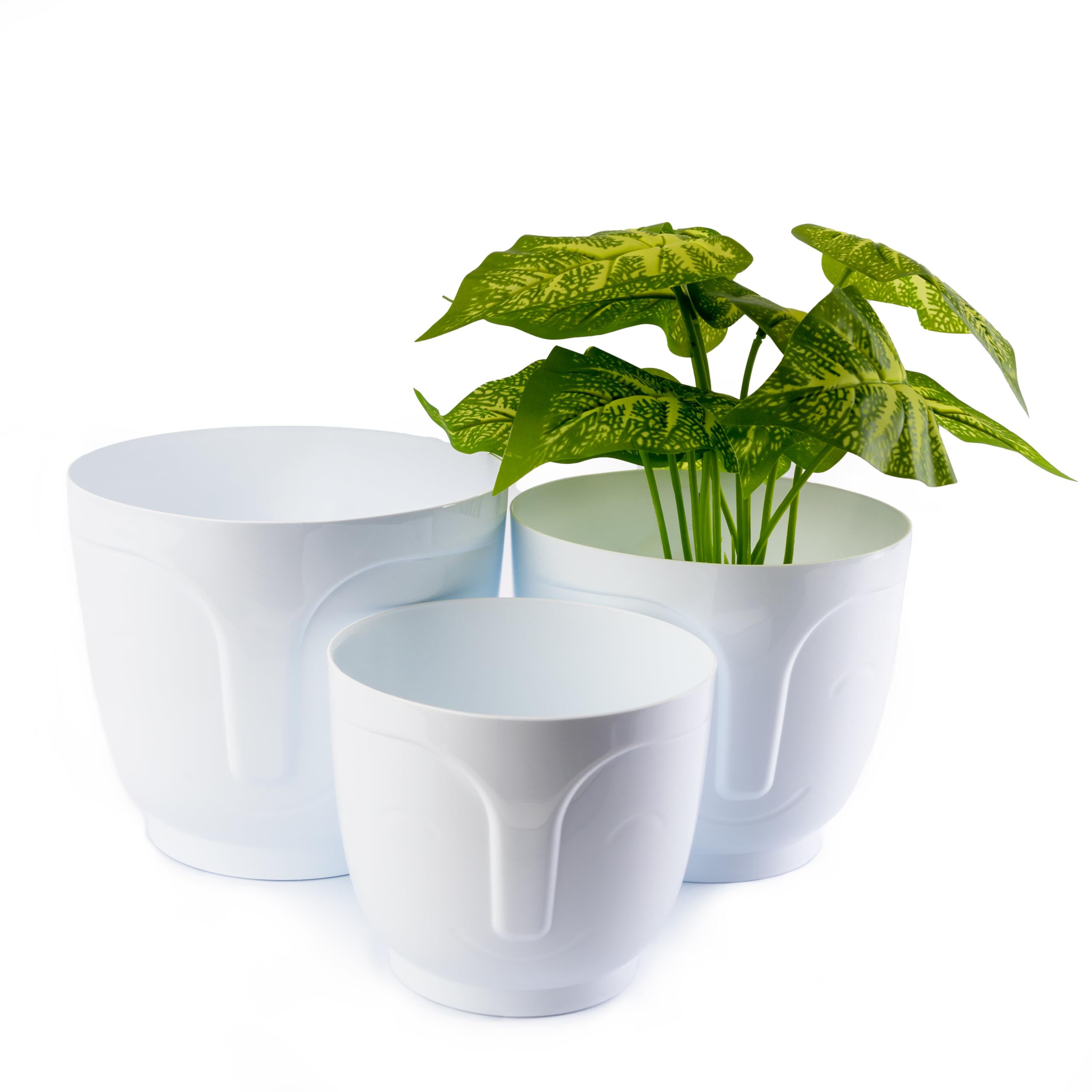 Home Garden Ornaments Plant Pots Indoor - Set of 3 Plastic Decorative Pots 14/16/18 cm, Smiling Face Pattern (White)
