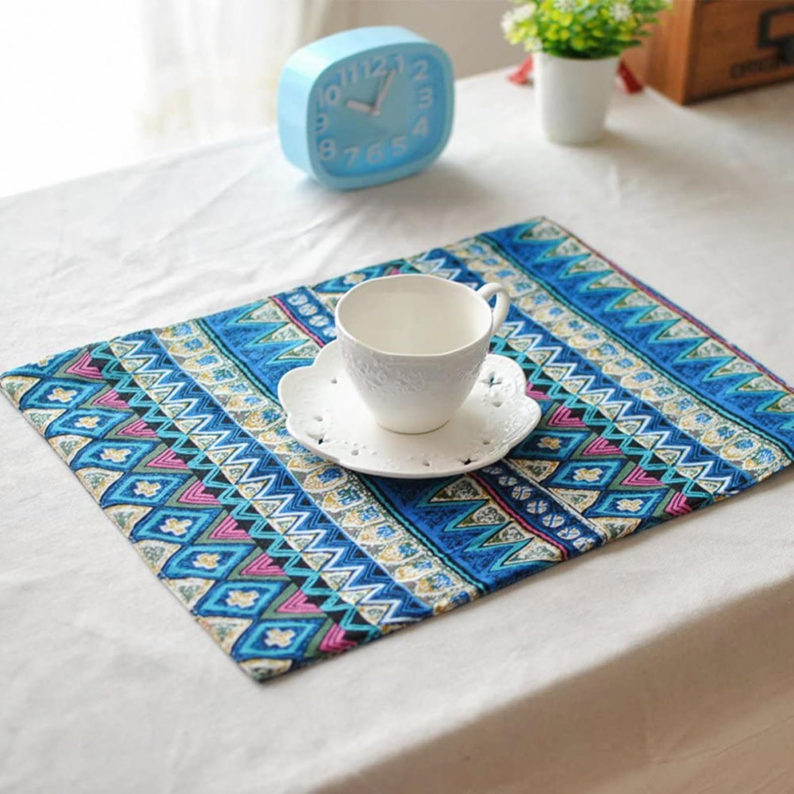 Gualiy Niebieskie maty stołowe, zestaw 4 szt., bawełniana lniana podkładka 30 x 45 cm, geometryczny wzór w stylu etnicznym, prostokątne podkładki na stół patio