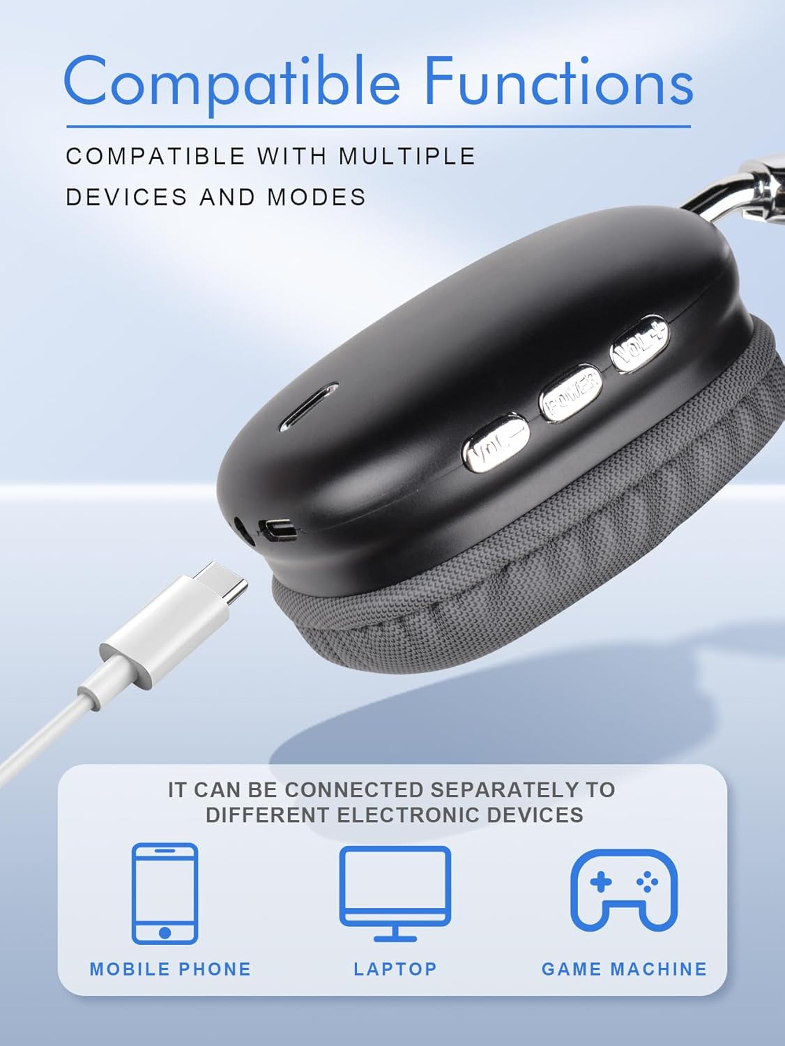 YGVCDRY B36 Headphones showing compatibility with mobile phones, laptops, and game consoles.