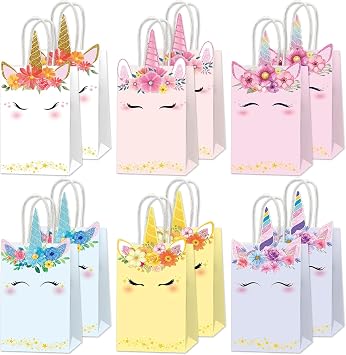 ZOIIWA 12Pcs Unicorn Party Favor Bags 10.6 x 4.7 x 3.1In Rainbow Themed Treat Bags Pastel Unicorn Candy Goodie Bag Princess Paper Gift Bag with Handle Decor for Birthday Baby Shower Wedding Supplies
