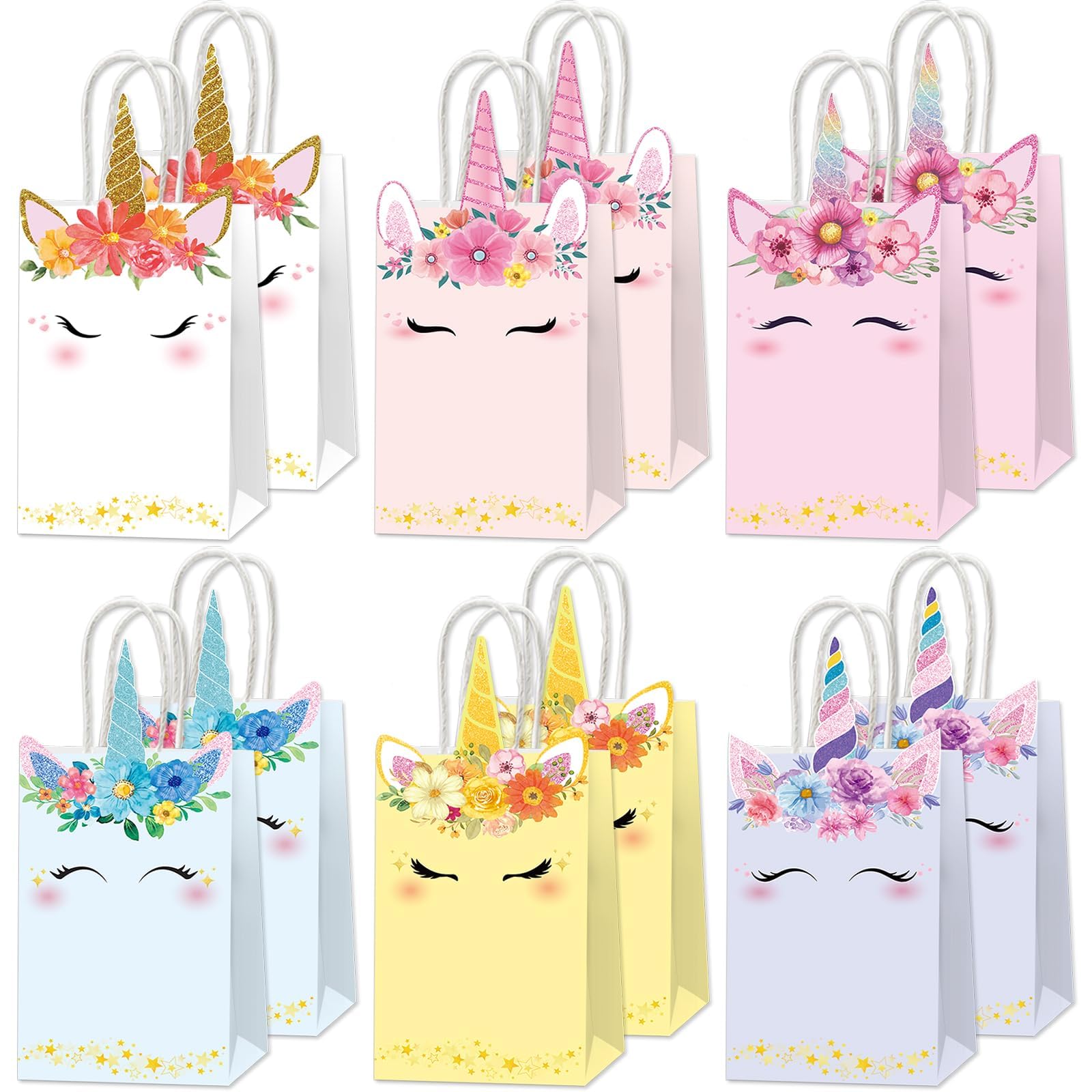 ZOIIWA 12Pcs Unicorn Party Favor Bags Rainbow Themed Treat Bags Pastel Unicorn Candy Goodie Bag Princess Paper Gift Bag with Handle Decorations for