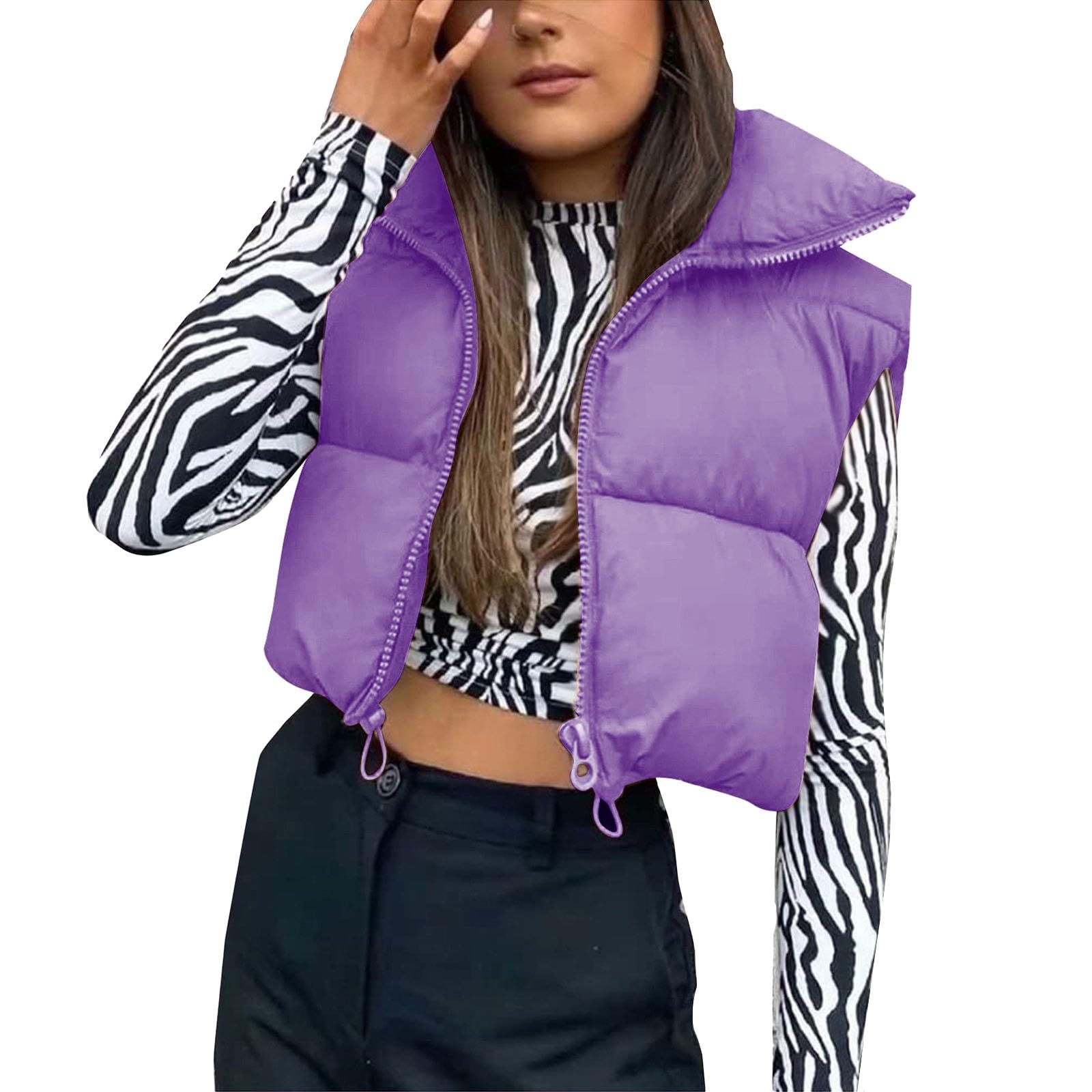 Chaleco acolchado con cremallera de mujer, chaqueta corta sin mangas y cuello alto térmico