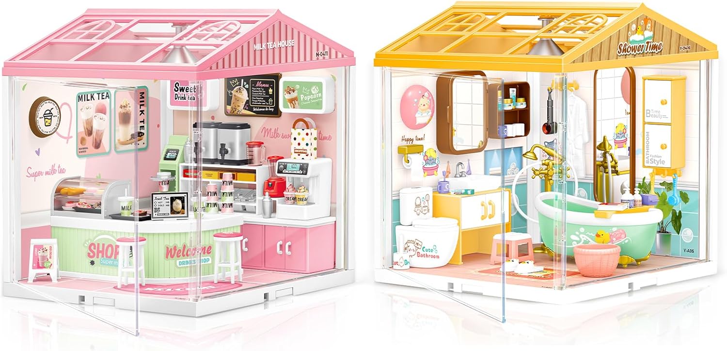 LED Building Blocks for Adults, 1:24 DIY Miniature Dollhouse Kits with Roof & Dustproof Cover, Tiny House Toy Building Sets for Kids Ages 8-12-15, Milk Tea Shop & Bubble Bathroom