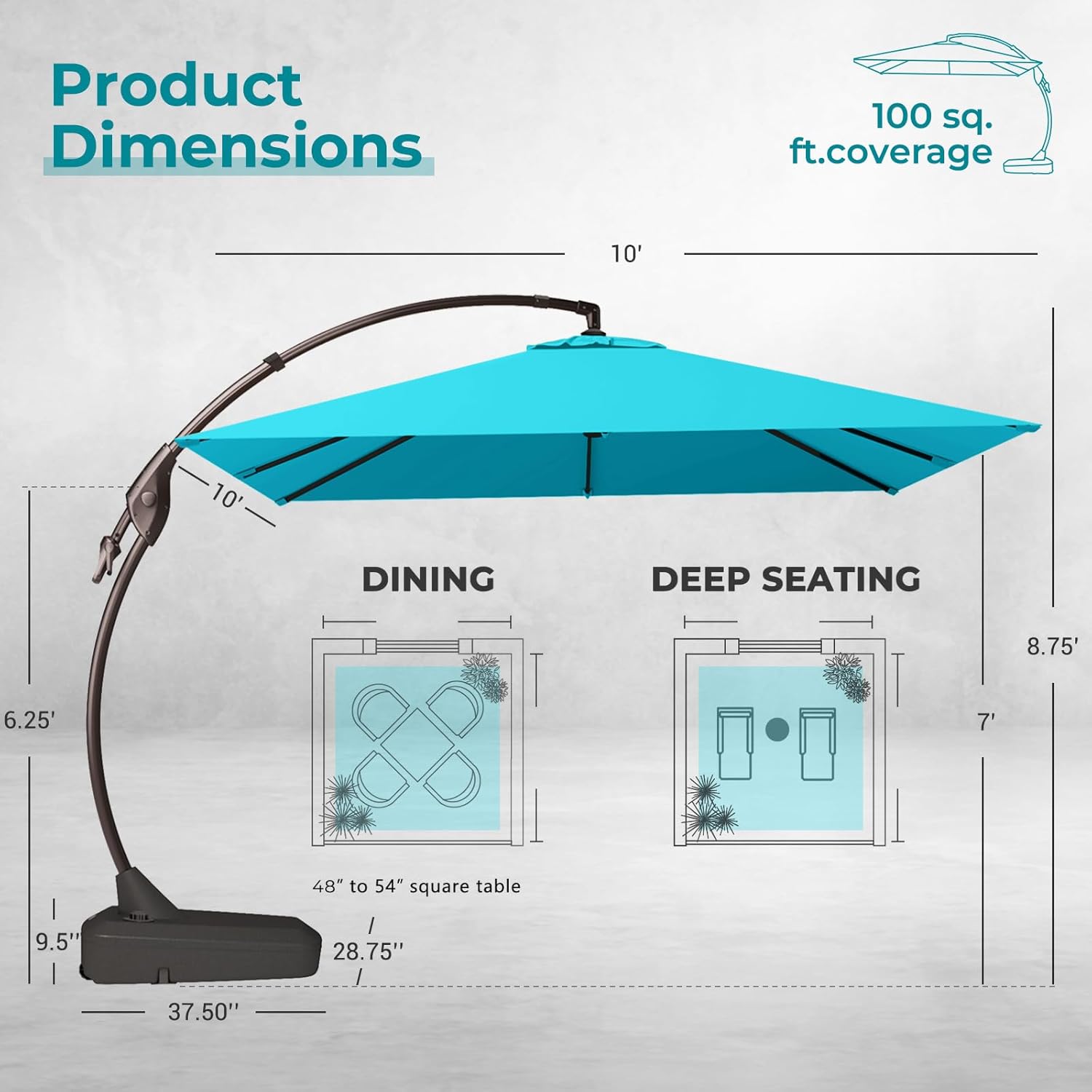 Grand patio Sunbrella 10x10 FT Cantilever Umbrella with Base Included Patio Square Aluminum Offset Umbrellas for Outdoor Pool (Aruba, 10X10 FT-SUNBRELLA) - Image 4