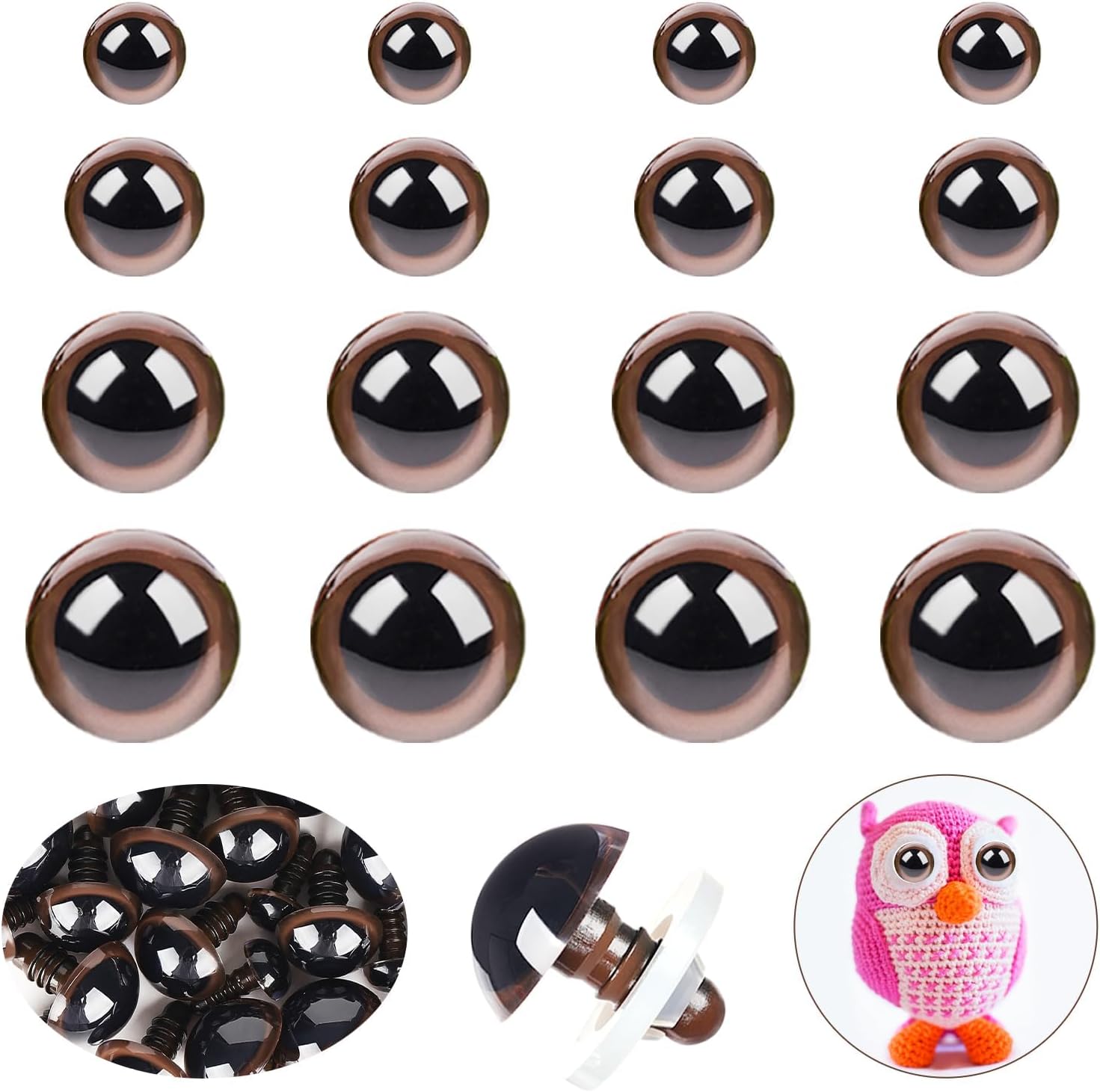 80pcs Safety Eyes for Amigurumi with Washers 10/12/16/18mm Brown Plastic Safety Eyes for Crochet Craft Dog Safety Eyes Gift for Crochet Lovers Halloween Decorations Stuffed Animals Crafting