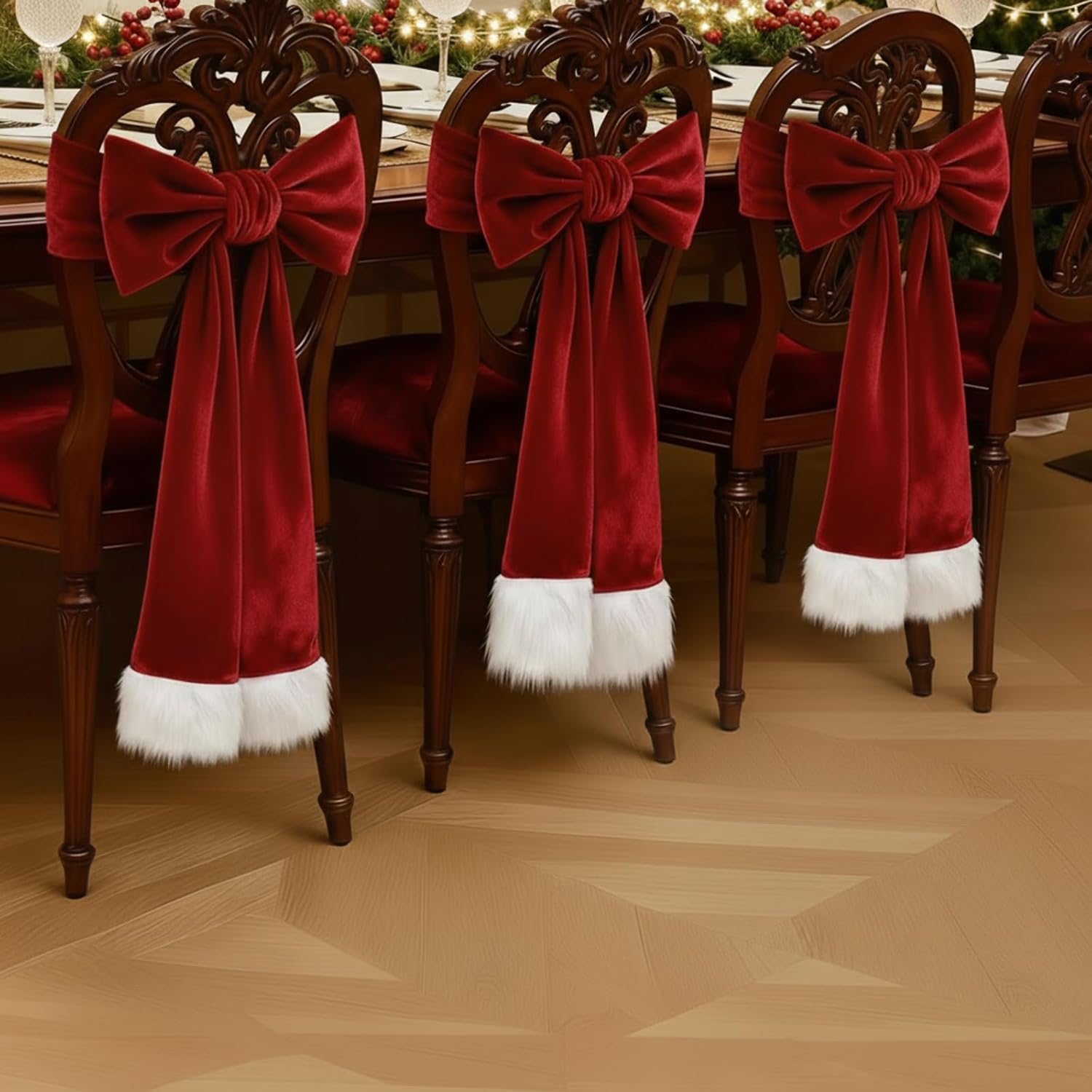 Thyle 10 Pcs Christmas Burgundy Red Velvet Chair Sashes 6 x 108 Inch Large Red Bows Chair Cover with White Fluff Decoration for Xmas Wedding Event Holiday Banquet Party