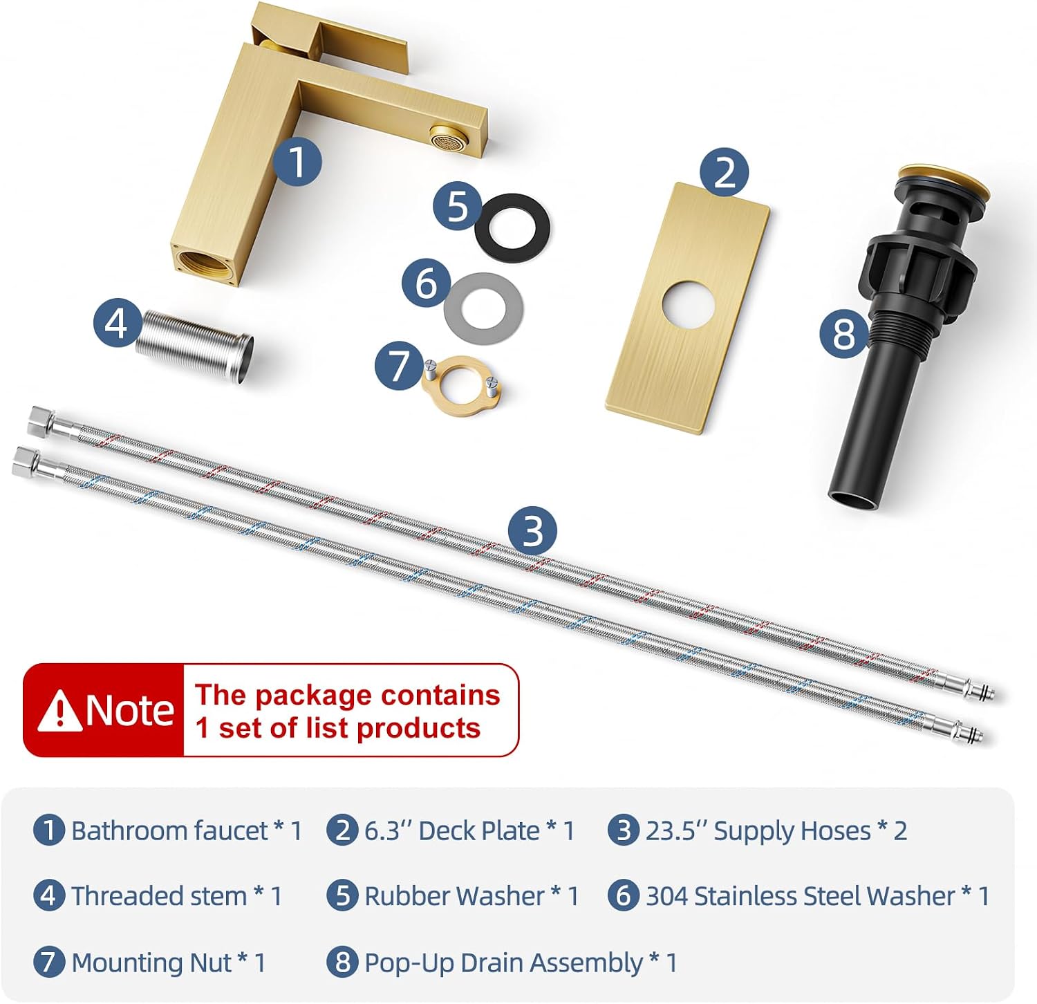 Brushed Gold Bathroom Faucet Single Hole, 304 Stainless Steel Lead-Free Faucet with Anti-Fingerprint Surface, Single Handle Vanity Faucet with Deck Plate and Pop-Up Drain