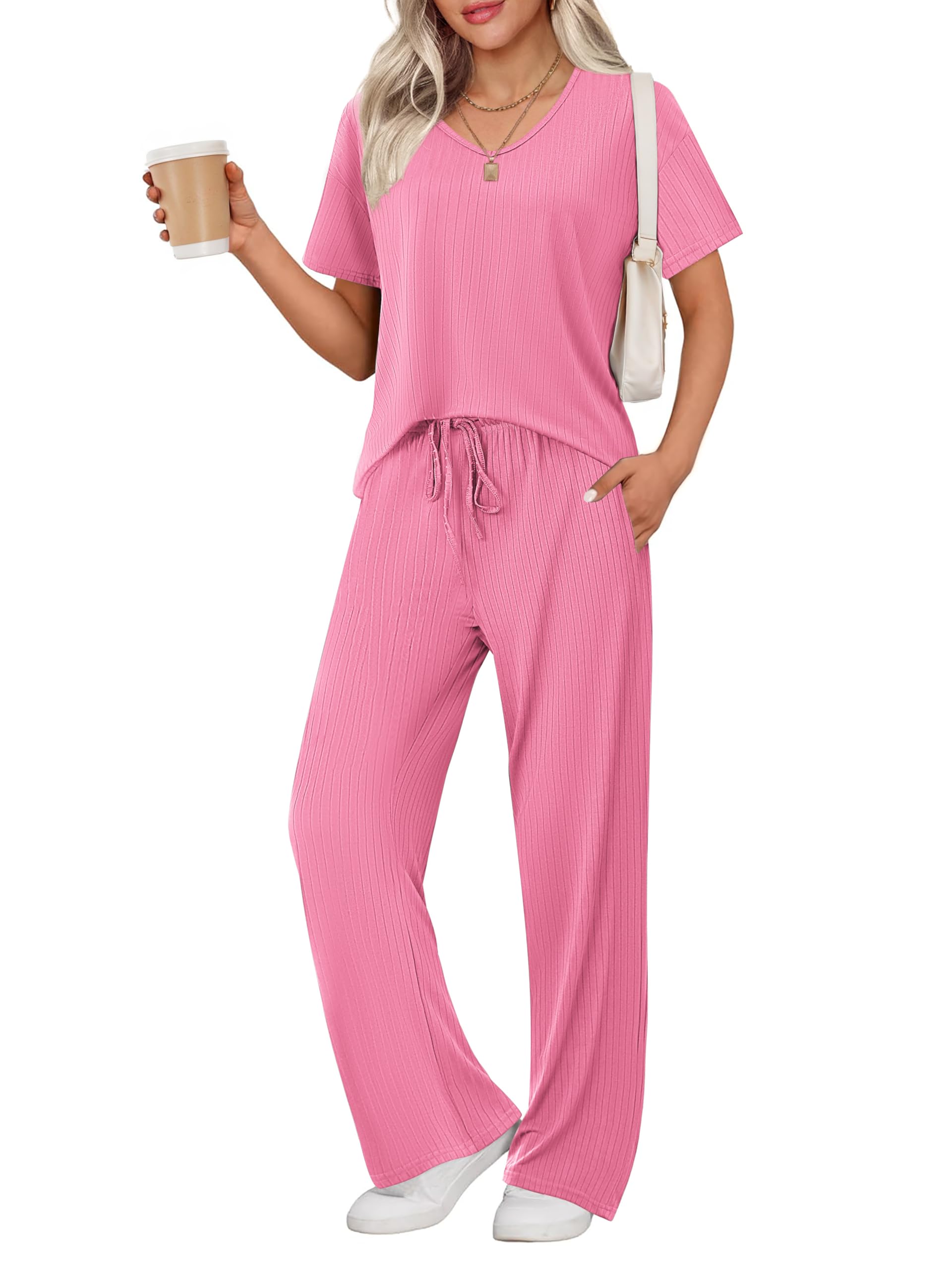 Ekouaer Women's 2 Piece Lounge Set Casual Summer Outfits Ribbed Short Sleeve & Wide Leg Pants Matching Set for Travel Home